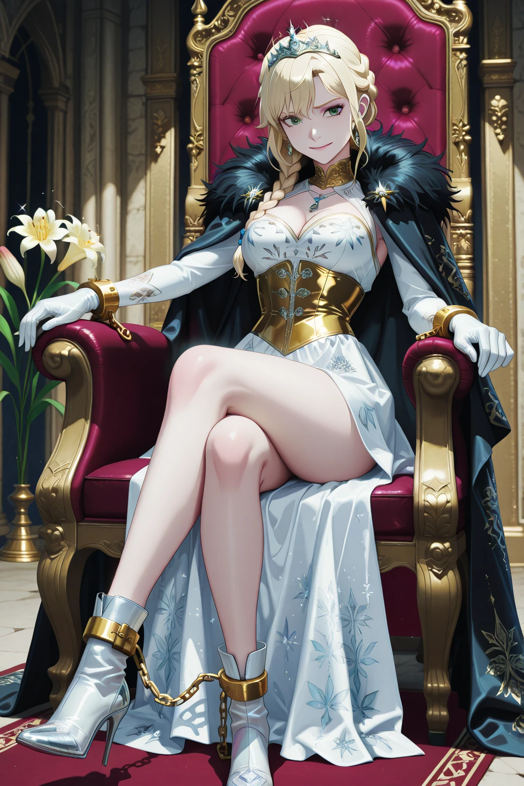 nsfw, 8k, best quality, highres, realistic, real person, A lewd queen oozing wealth and power, seducing her Western-style subordinates, sits gracefully on a richly decorated chair on a high platform. (((She crosses her legs and looks down at her subject with a sly smile))), embodying her blend of grace and cunning. The setting is a grand Western-style throne room that showcases the opulence of her kingdom. Big breasts, cleavage, long beautiful legs, beautiful legs, high heels, patent boots