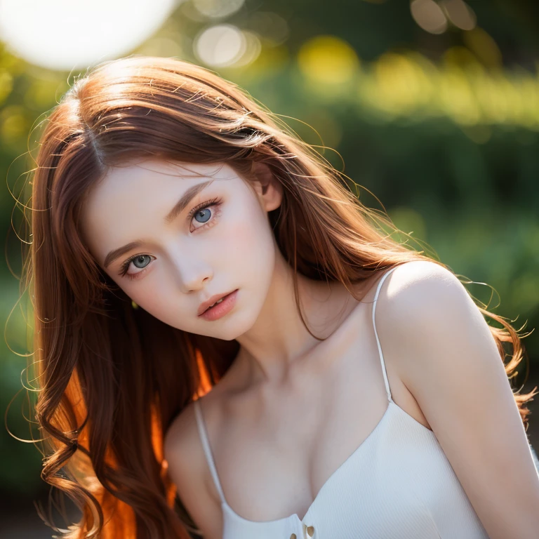 16 years old girl, beautiful big striking blue eyes, delicate black eyebrows, rosy cheeks, red lips, smiling face very white skin, long wavy orange hair cascading around her face and shoulders, detailed eyelashes, photorealistic cyberpunk style, perfectly focused, creamy smooth complexion, beautifully lit by soft diffused studio lights, extremely fine details, finely textured skin and hair full head to toe photo, wearing sport leggings