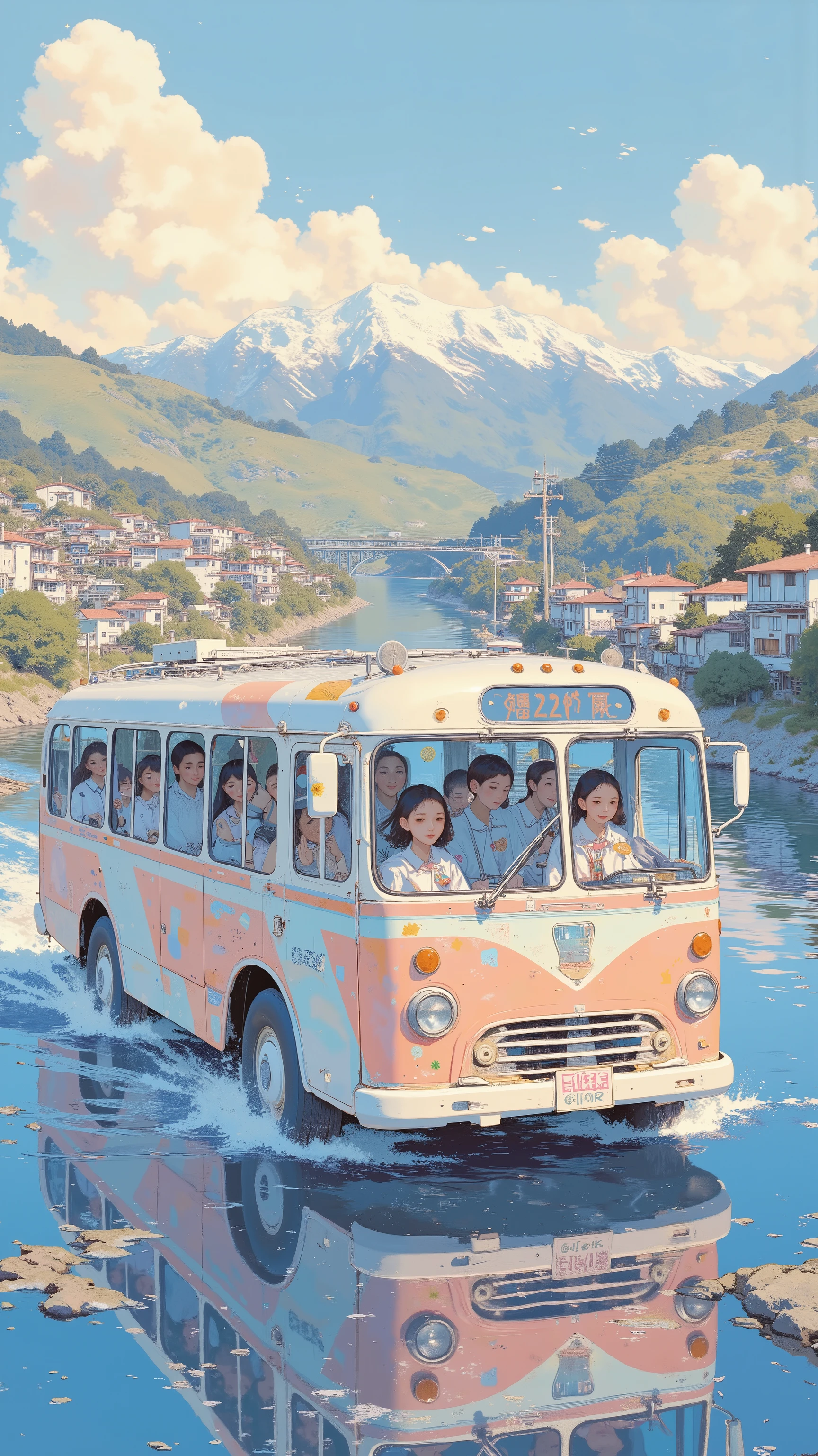 Amphibious Sightseeing Bus, by Kentaro Miura, big!!!!!!!!!!!!, slice of life anime, happy!!!, anime style”, official art, an retro anime image, by Hiroshi Arakawa, anime!!!!, FLCL