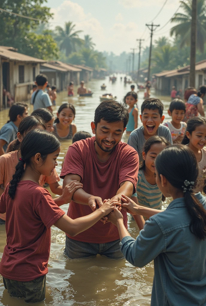 Many people are struggling together with a flood affected person.
