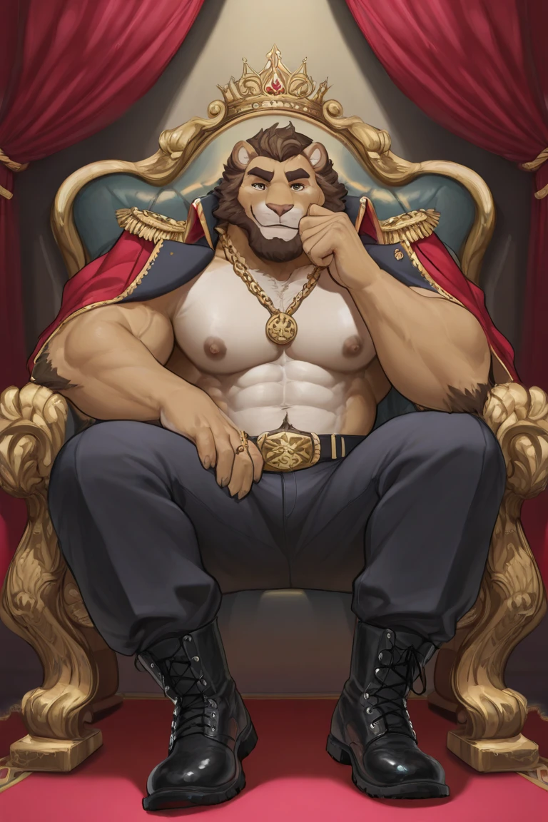 (by lindong, by null-ghost), throne room scenery, looking at viewer, regal, (uplight, highly detailed facial features, detailed symmetrical eyes, bright pupils, detailed face, multicolored eyes:1.0), (masterpiece), (extremely detailed illustration), (soft shading), 8k, hi res, best quality, giant body:1.8, wide body:1.6, wide shoulders:1.5, huge pecs:1.8, big thick arms:1.6, big thick legs:1.6, big biceps:1.6, big belly, excessive huge muscle:1.6, huge buff muscle:1.4, big muscles:1.3, veiny muscle:1.3, thick thighs:1.6, massive size, handsome, muscular male anthro, solo, perfect anatomy, perfectly detailed teeth, five fingers, four toes, perfectly detailed hands, perfectly detailed feet, perfectly drawn legs, perfectly drawn arms, perfectly drawn head, masculine face, full body, detailed muscles, hairy, hairy chest, hairy belly, hairy arms, hairy shoulders, hairy legs, asgore, bara, belly, blonde hair, erect cock