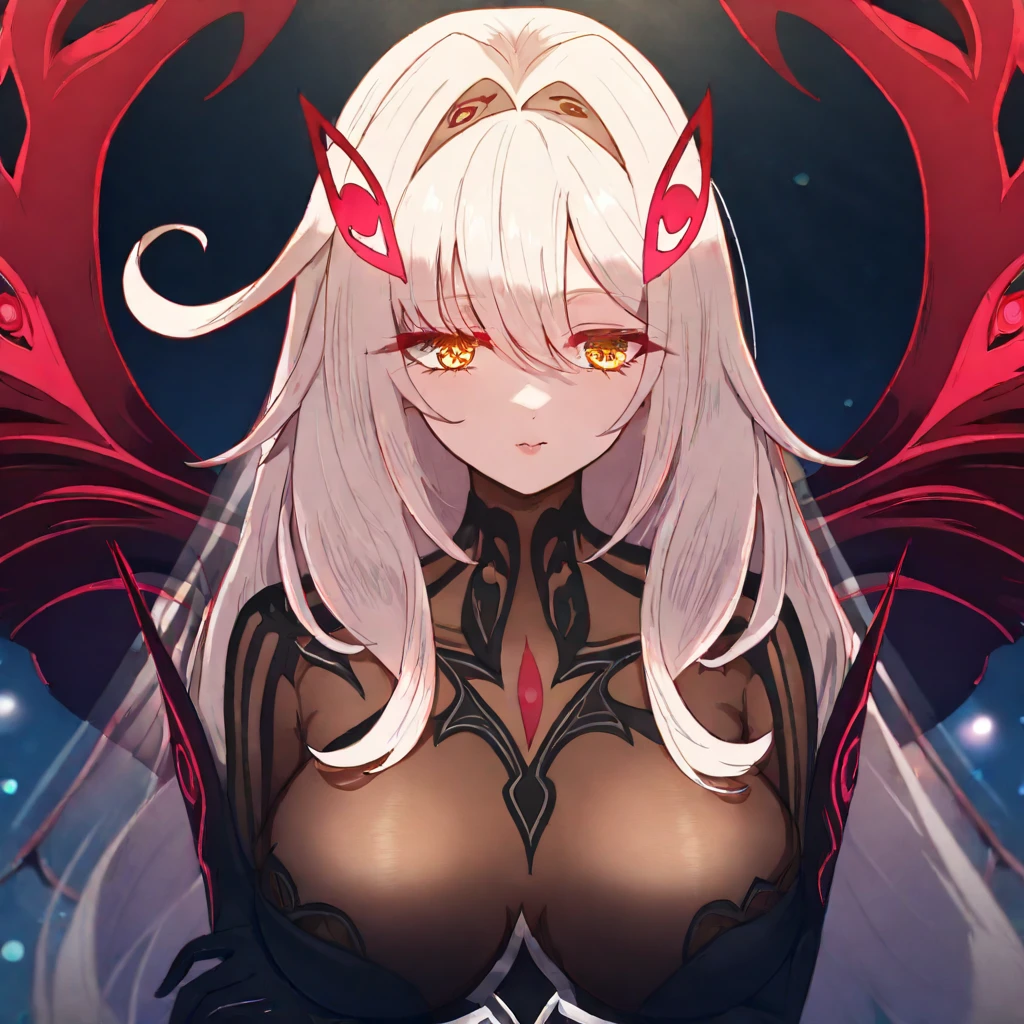 {{Masterpiece}}, Best Quality, Extremely detailed CG unity 8k wallpaper, cinematic lighting, Lens flare, Beautiful eye details, negro,  side glance,  multicolored hair, showy light, particles, heterochromia, (showy:1.5), (showy hair:1.5),