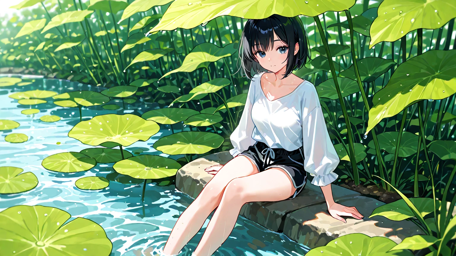 (superflat, flat shading, flat colors:1.1), 1girl, loli, petite, sumer dress, spread legs, sitting on stone, (peeing:1.3), blush, embarassed, by the river, volumetric lighting, soft light, bright, vibrant colors