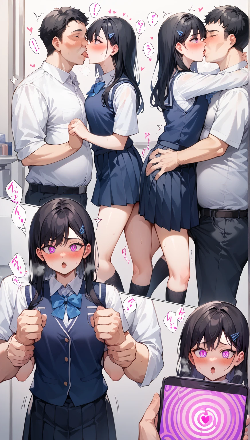 A naked middle-aged man stands facing a cute girl with modest pubic hair and black bob hair, who is trying to escape, with her eyes wide open and crying, struggling to get away, and then he hugs her, forcibly kisses her, and presses his crotch against hers.、classroom