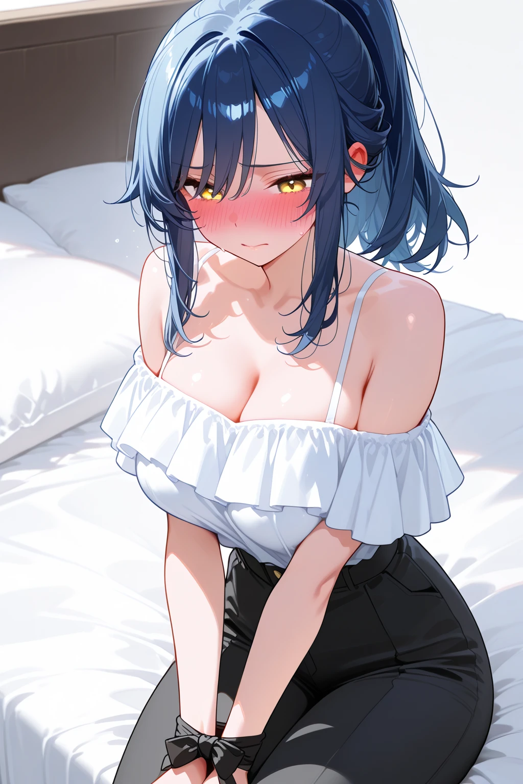 My name is Yukiko.I am a white test woman with long light blue hair,red eye color.I am 1.62 cm tall . My breasts measure 200 cm, my waist 40 cm and my hips 200 cm.Dressed with in a sweet and lovely pajama low-cut set velvet tube top and shorts, cartoon two-piece sleepwear sets. With big breasts 200 cm