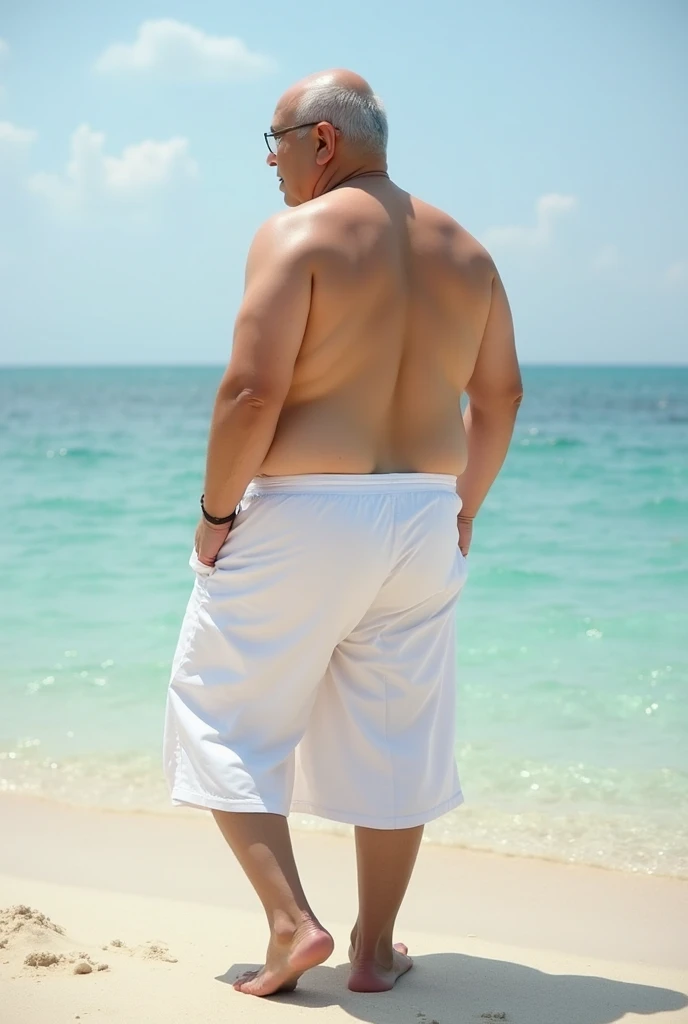 Vietnamese grandfather with gray hair, mature face, a thick gray mustache, a short gray chin beard, bear body, wearing a massive bulging gray jockstrap stand in the beach, have belly, big muscular chest, a sexy pose, show underwear.