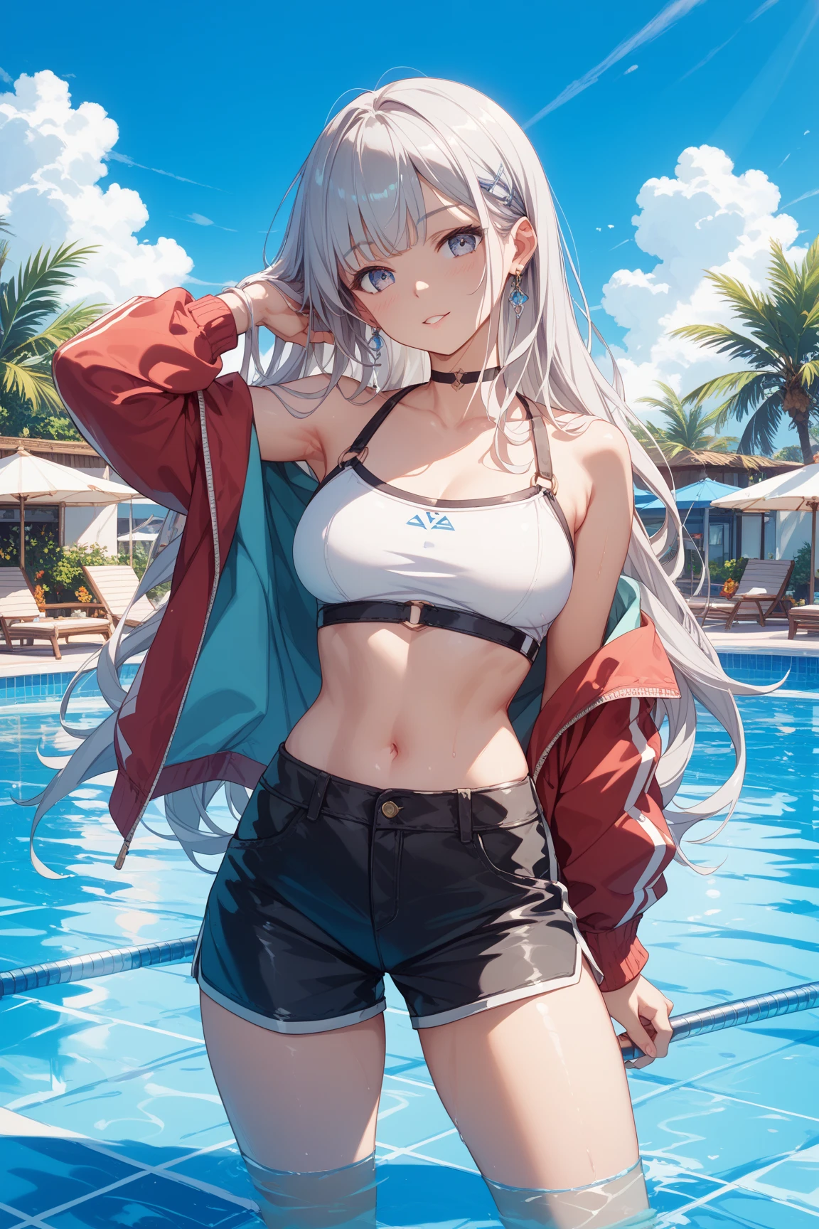 ((2D Beautiful Girl、highest quality、Perfect Finger 1.3、Perfect ??????? 1.3、Very delicate and beautiful illustration))、pretty girl、(Conversion Sequence)、((Swimwear))、14 years、Slender beautiful girl、Fractal Art、Baby Face、((Straight Long Hair))、Big droopy eyes、Laughter、Full-body display、（1 person）、Long sleeve、School swimming pool、Are standing、
