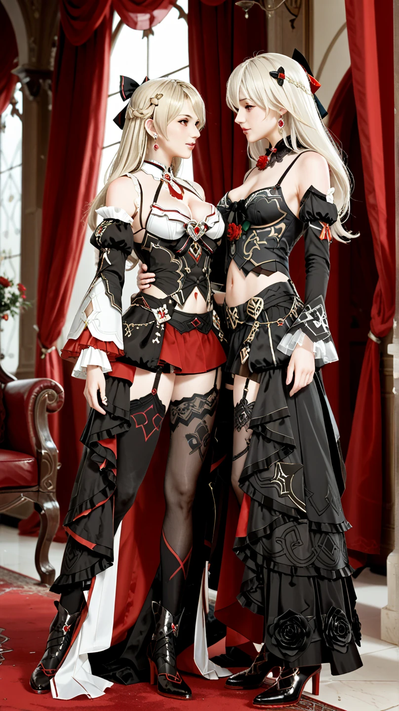 high quality fingers, normal hands, detailed fingers, masterpiece, (full body:1.5), Craft a visually stunning photoshoot that juxtaposes the contemporary beauty of a blonde-hair model, (blue eyes:1.2), (seductive smil:1.3), in a stylish (ornate red and black corset:1.3) against the historical backdrop of a (ornate Victorian bedroom:1.3) in style of (Art Nouveau:1.3)