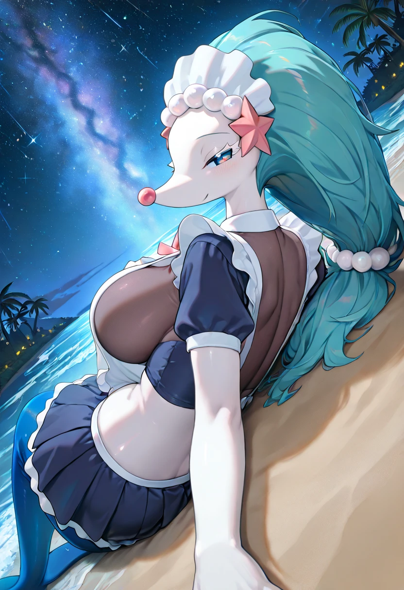 Solo, score_9,score_8_up,score_7_up, (source_furry, an Anthro furry primarina Pokemon girl, naked, pussy, breasts, blue eyes, teal hair, snout, white skin, portrait, hands on lap, sitting on a boulder, legs crossed, at the sea, barefoot, 5 toes, 