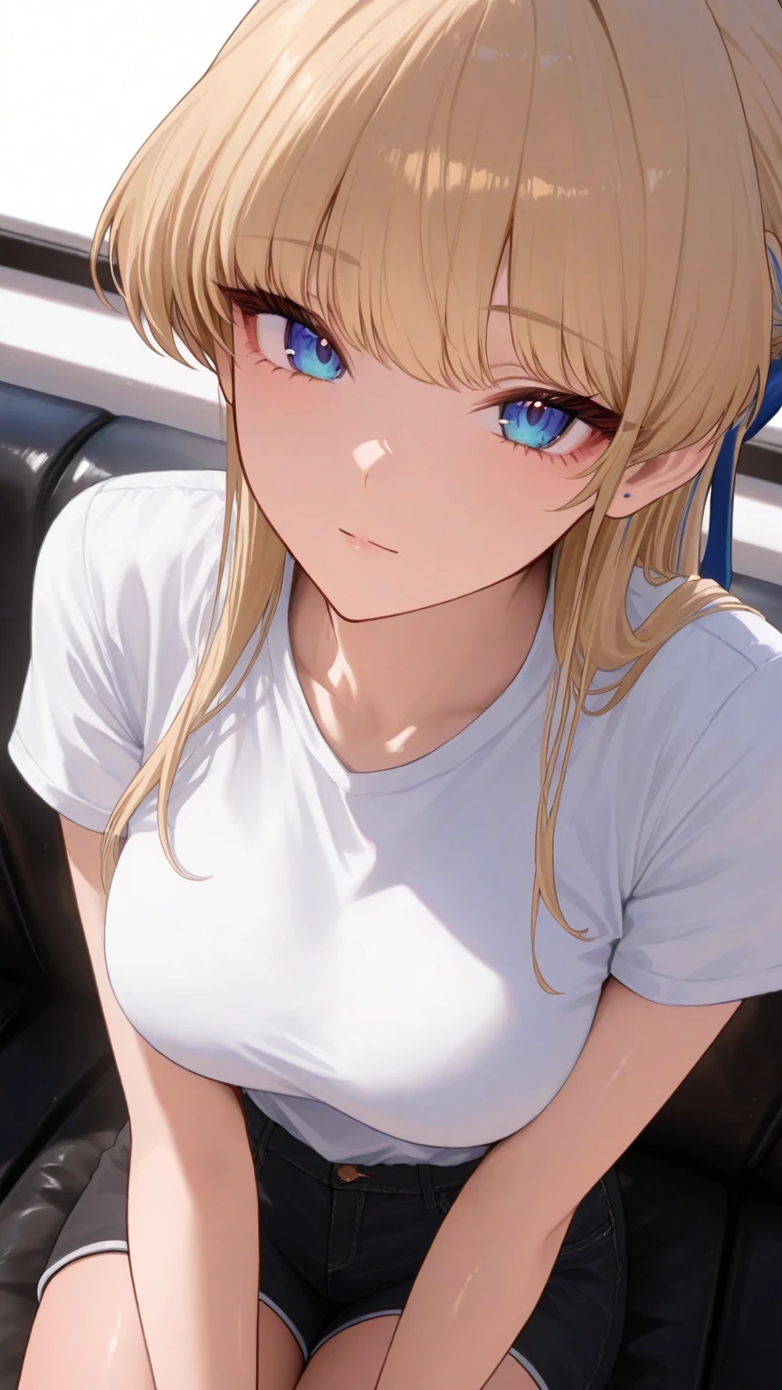 masterpiece, absurdres, best quality, ultra detailed, high Resolution, detailed illustration, bright colour, (extremely beautiful detailed face and eyes, Delicate beautiful face, 1 girl, cute face:1.3), (magenta eyes:1.1), sparkling eyes, big eyes, medium breasts, (perky breasts:1.1), (pointy breasts:1.1), medium hips, glamorous body, white skin, BREAK, long bob cut, (blonde hair:0.8), messy hair, detailed hair, shiny hair, BREAK (strapless casual blouse, down blouse:1.5), perfect lighting, (embarrassed:1.5), (ecstasy, vulgarity:1.5), (trembling:0.8), In the car, Massage the breasts,