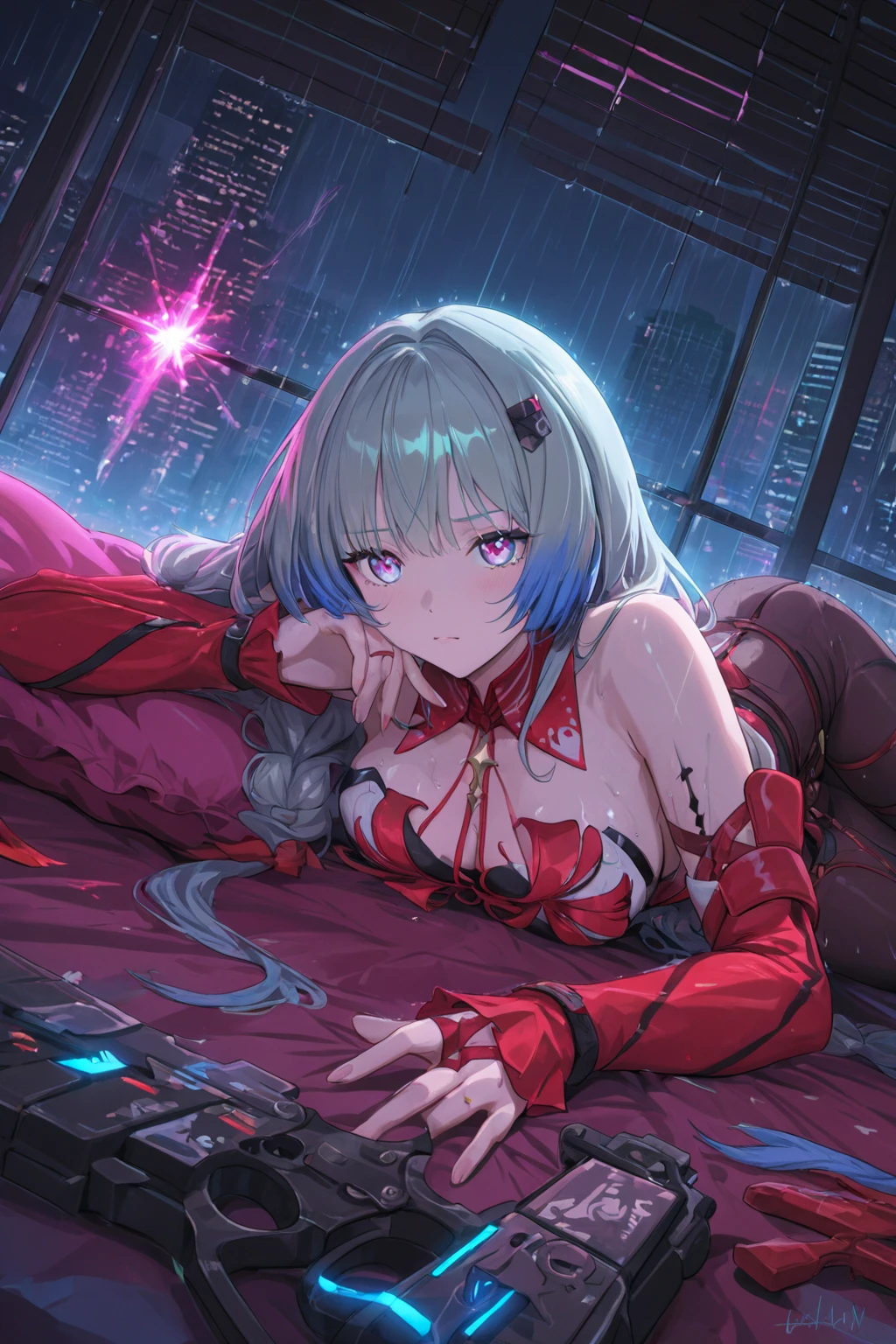 Highest quality、、(Bunny girl)、Fishnet tights、High heels、Red Bunny Suit、View Viewer、smile、Futuristic Living Room、indirect lighting、Room with houseplants、From the window you can see the valley between the city buildings、Night view、Silver short hair、Beautiful eyes、Beautiful Face、Delicate eyes

