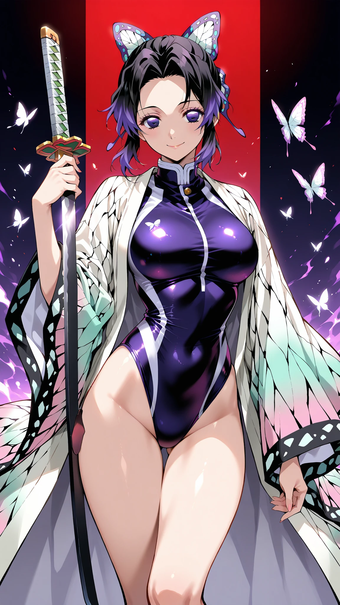 score_9, score_8_up, score_7_up, score_6_up, score_5_up, score_4_up, masterpiece, high quality, full body, 1girl,   <lora:Shinobu_Kocho_Pony:0.7> Shinobu_Kocho, butterfly_hairpiece, multicolored_hair, purple_hair, black_hair, , slender,<lora:HugeTitsTinyHipsV3-1:0.9> TopHeavy, posing, , , narrow waist, small waist, micro waist, top heavy, (((small , narrow , small  small pelvis, narrow pelvis))), unnatural proportions,