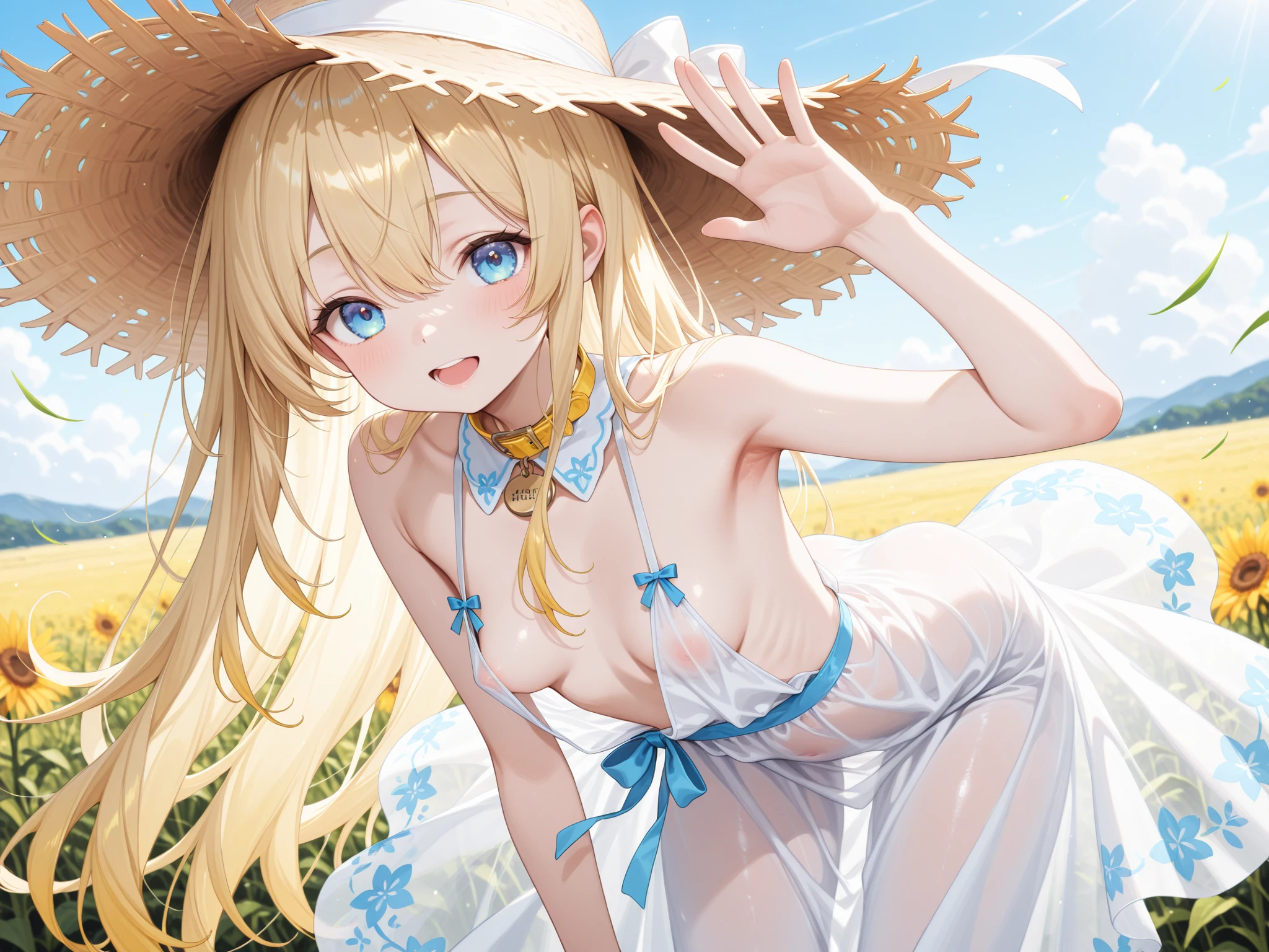 Blonde、Blue Eyes、(NSFW)　Long Hair　Swiss landscape　(((Toddler girl))) (((5 years old)))　((See-through clothing))
