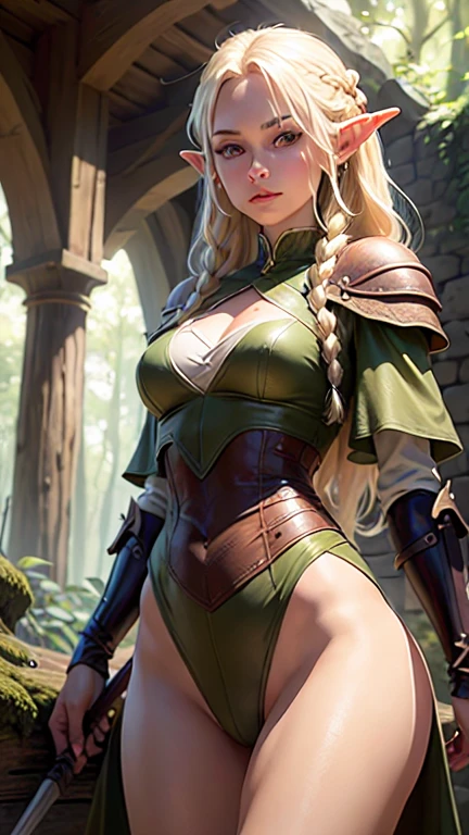 Elf Huntress, blonde, 1 girl, medieval costume, best quality, 8k, wallpaper, hyper detailed, hyper realistic, short skirt, skirt lifted, bench panties, green robe, panties appearing, realistic, D&D, sitting, cameltoe, pantyshot, open legs, legs apart, upskirt, RAW,