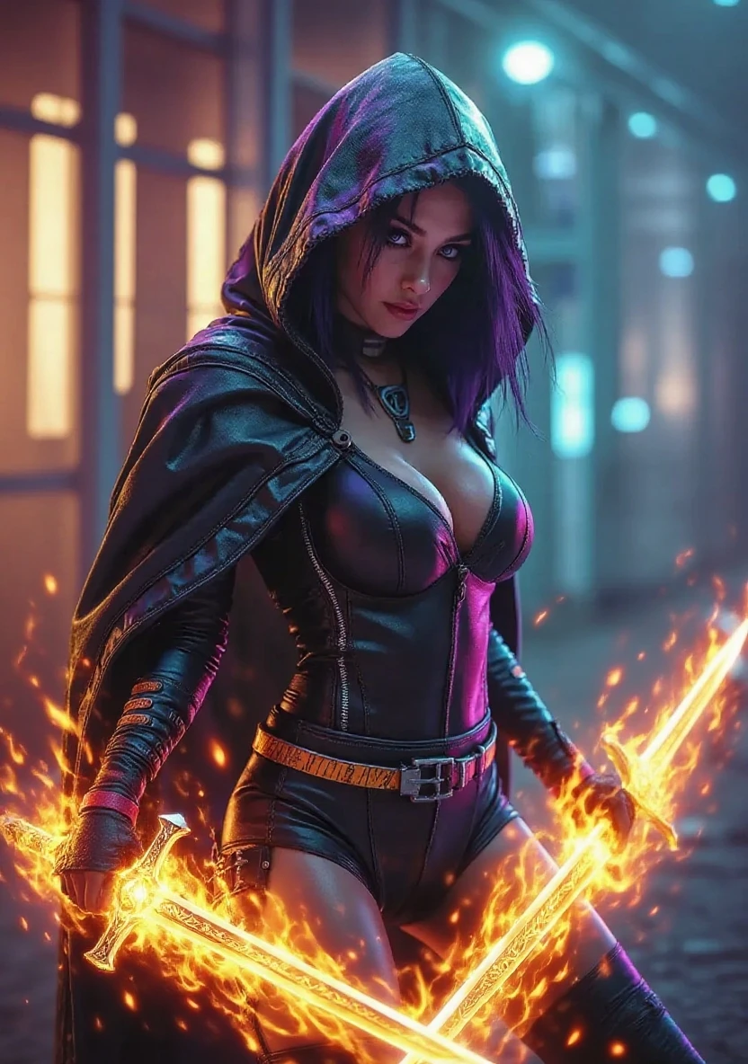 Matty, the Caucasian Elf from D&D, best quality, ultra-detailed CG unity 8k wallpaper, crouching, high resolution, dynamic pose, beautiful face, (green eyes:1.2, black hair:1.3, middle parted bangs, black leather top, black leggings, black cloak with hood up, cleavage, bare midriff), depth of field, dark cityscape, dark light, night time), wielding black and red magic with her right hand