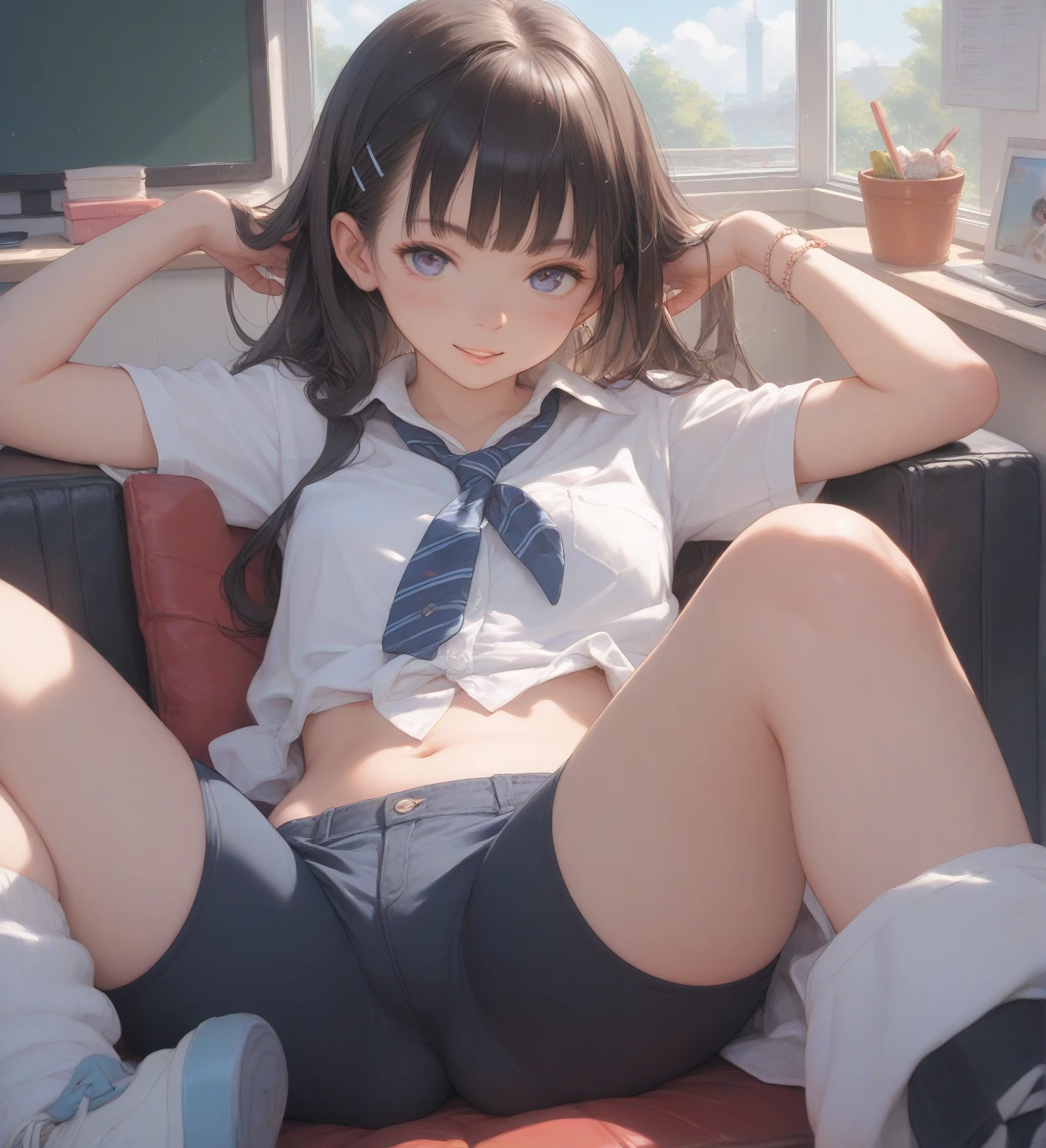 Cinema Lighting、Highest quality、1. girl、School classroom、White panties、Embarrassing、Panty shot、Shorts、Spread your legs、(Picture 1 from below:1),
