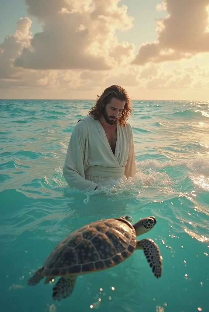 In the vast, open sea under a clear blue sky, Jesus and a small, cute devil are swimming together, having left their boat behind. Jesus, dressed in white robes that flow gracefully in the water, is smiling warmly, enjoying the serene moment. Beside Him, the cute devil with tiny horns and pink ears splashes around playfully, its innocent eyes gleaming with joy. The gentle waves reflect the sunlight, creating a sparkling effect on the water’s surface. The scene is depicted in hyper-realistic, ultra HD quality, with the vibrant blues of the sea contrasting beautifully with the white of Jesus' robes and the soft tones of the devil."