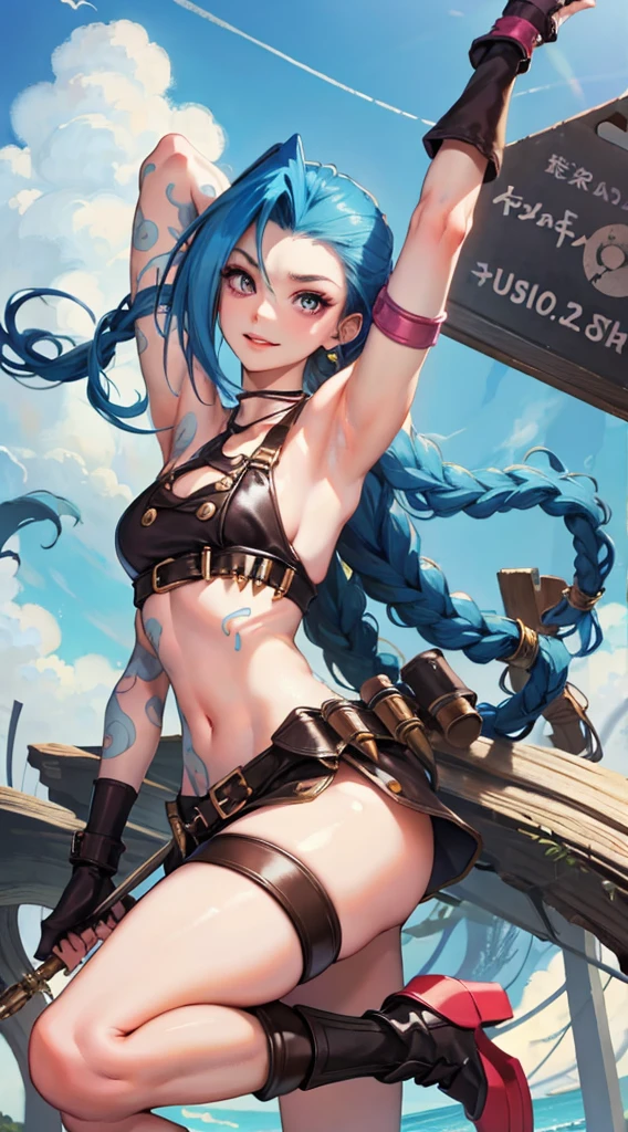 Jinx,Slim figure,having fun,Mesh garment,Chest open,Tattooed with,Exposing the abdomen,Cocked buttocks,Fleshy thighs,Carrying a bazooka on his back,Masterpiece,Brilliant sunshine,Ocean Garden,Suspender stockings,Above the sky,Comic cover style,Comic title,tmasterpiece, High- sharpness, high high quality, 详细的脸, detailed body render, 1girll, 独奏, Fishing net clothing, Dark lips, Unzipped jacket, no brassiere, breasts out,