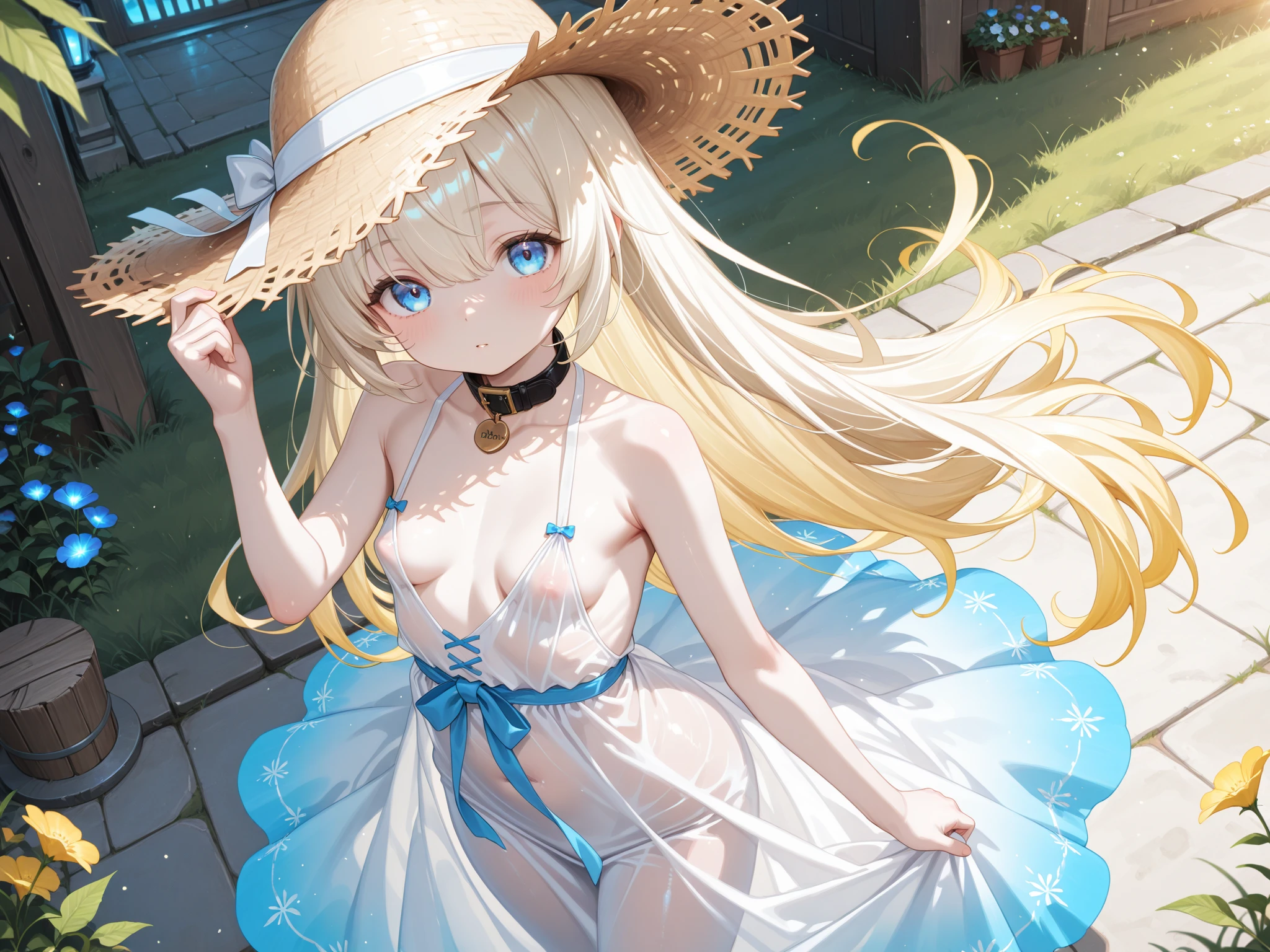 Yellow Hair,Blue eyes,Carly,Adorable,((A look at the see-through navy blue mini dress)),Blue high heels on her feet,whole body,Fingers and arms are not exposed,Blue rose flower field in the background,Blue sky and white clouds,,Happy expression,High quality light and shadow,Artistic Sense((Hair Bun))(Very long hair))((Blunt bangs))((Bitch))((tsurime))((Big eyes))((Skinny body))((expensive))(Pale skin))((Botanical Prints))((infant))((Showing nipples under shirt))(Pale skin))((Botanical Prints))((infant))((nsfw))((((5 years old)))(((infant)))((Lolita)((Naked lower body))