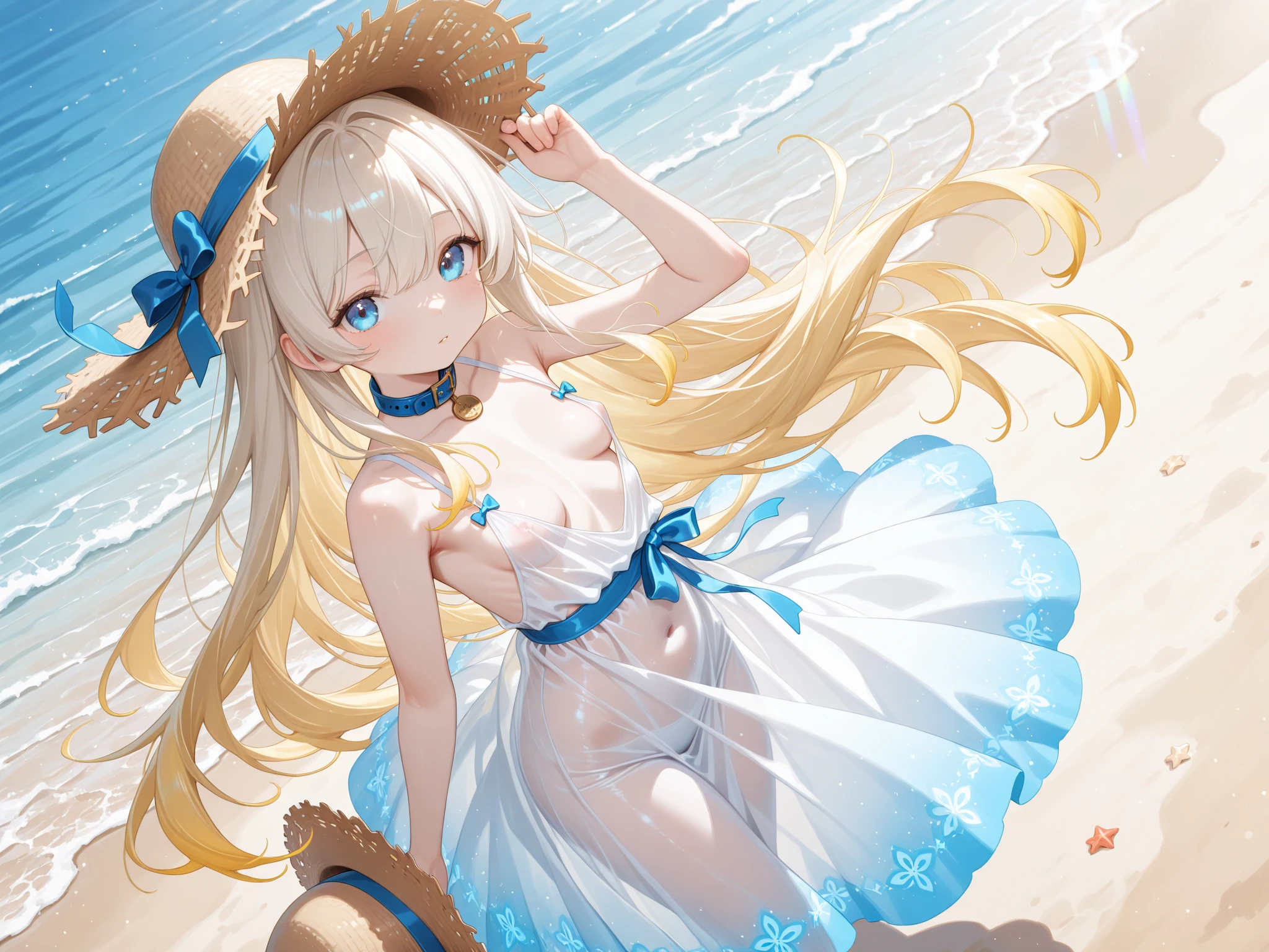 ,((Highest quality))),8K,((masterpiece)),(Very sophisticated and beautiful), A girl emerges from the sea, The Swan Princess of Russian Mythology, Beautiful calm face, blue eyes, Long blonde hair braided, Moon braid at the back of the head, With a kokoshnik crown on his head、White and shiny old Russian sheer clothing, Loving eyes, Half-laugh, There was a gentle look on his face, Background seascape and sunlight, Seagulls in the sky, full length, realism((Toddler girl)) ((5 years old))((naked)) ((nsfw))