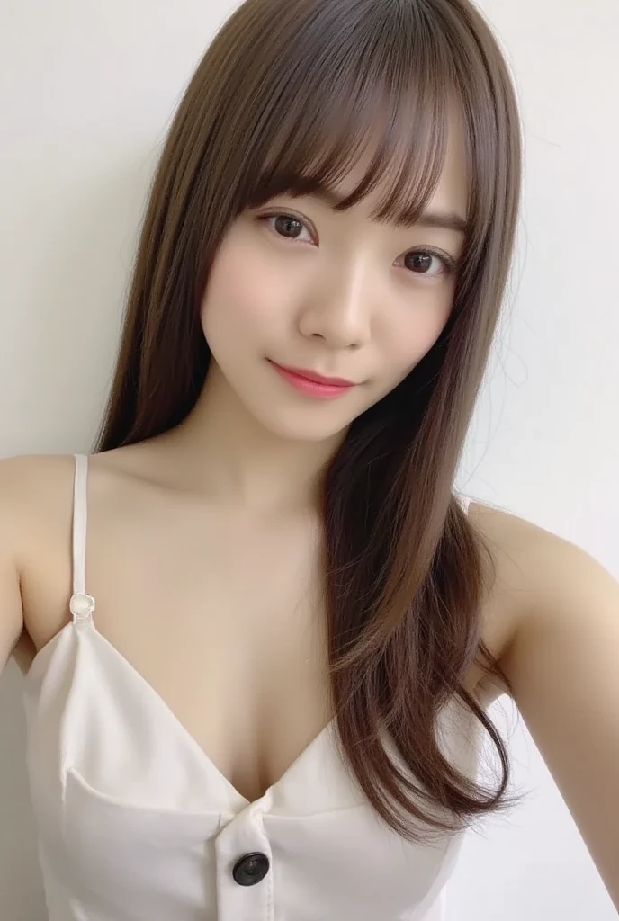 (Highest quality、In 8K、32K、masterpiece、Hmph:1.2)、One Girl、Beautiful Japanese Women、Big breasts and small waist、（Beautiful nape）、((Updo))、(Wearing a camisole、hot pants)、20-year-old、In a room bathed in morning sunlight、（Biting pose:1.2)、(smile:1.5)、
