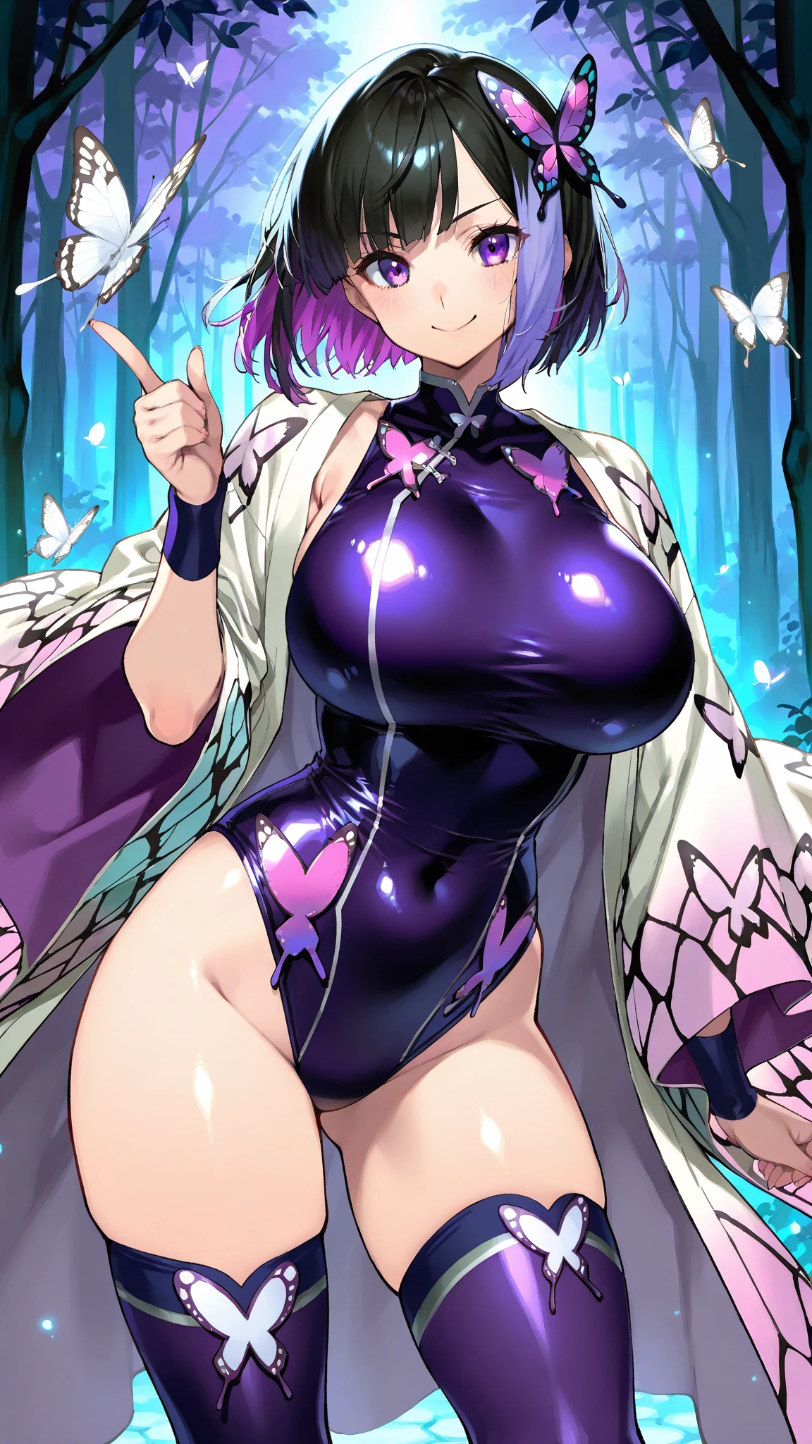 "(masterpiece:1.1), best quality, NSFW,
1girl, (80s anime style:1.3), (eyelashes:1.5), (loli:1.2),
(intricate high detailed body:1.2),
(purple hair:1.1), (forehead, parted bangs, hairclip:1.1), (short hair:1.1), (witch hat:1.2),
purple eyes,
(pale skin:1.3), (slim body:1.1), (gigantic breasts:1.5),
(happy, smile:1.2), blush, open mouth,
(see-through lace leotard armor, cleavage cutout:1.2),
(knight armor, armored boots:1.2), (frill:1.1), (jewelry:1.1), gauntlets,
standing, arms behind back,
(upper body, cowboy shot, looking at viewer, from front:1.1),
(daytime, grassland, outdoors:1.2)"