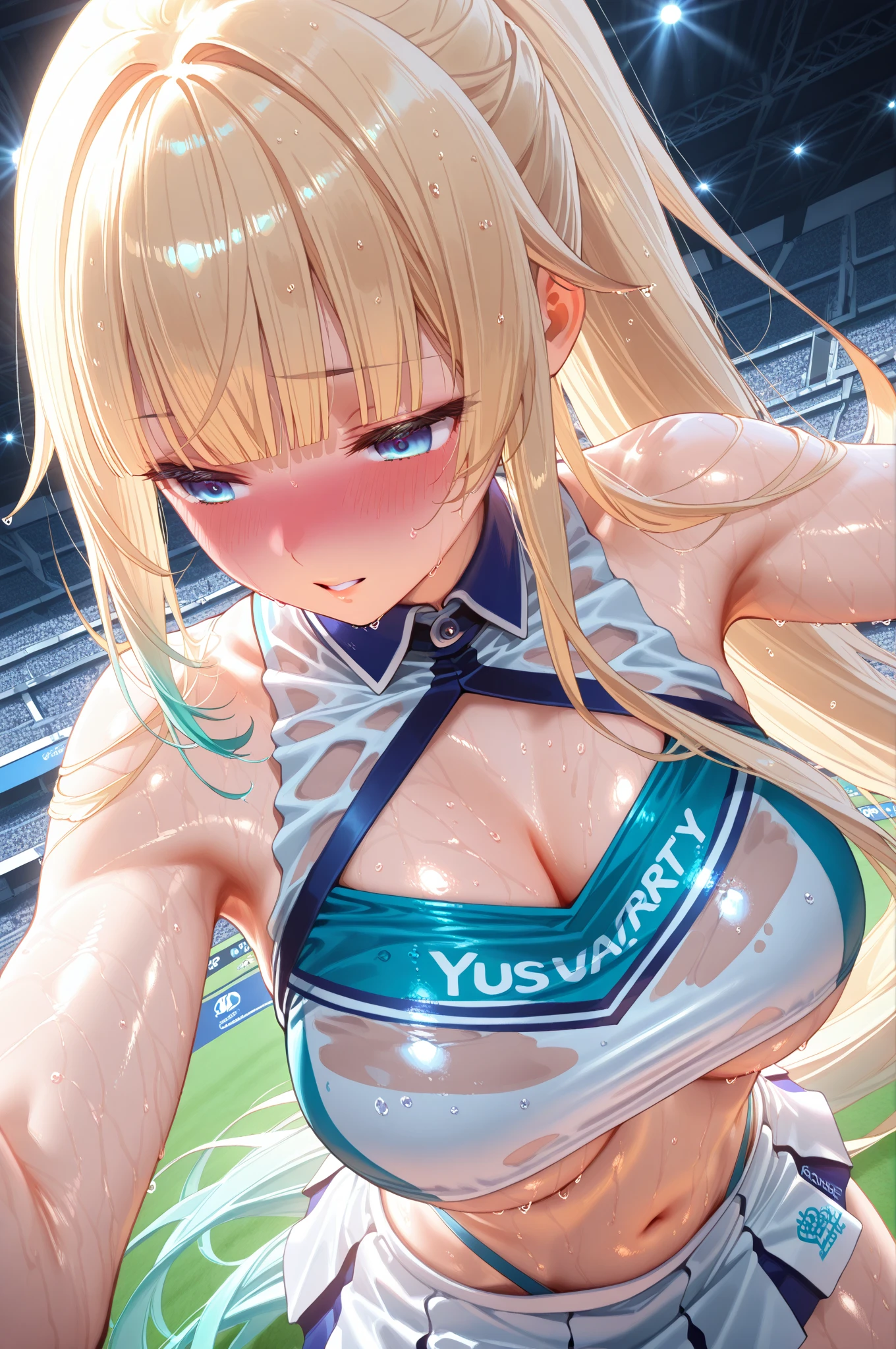 (high quality1.4), (finely detail:1.4), nsfw, 1 girl, Iris \(konosuba\), blonde hair, long hair, grape hair ornament, blue eyes, small breasts, ( erectile nipples), (((shining purple cheerleader))), (((pleated skirt))), (cameltoe), anus, smile, (( arched back )), ((very bright stadium:1.4)), ((solo)), (masterpiece, best quality, 8k:1.4),