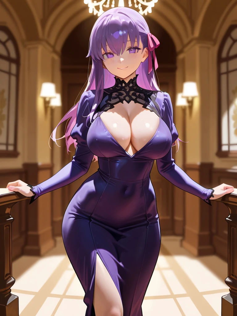 ((masterpiece)), ((Best Quality)), anime style, 1girl, solo, The most detailed skin,  Black lace top, red satin mini skirt, high heeled boots, long black gloves, red choker, //, Stunned expression, Girl with troubled face, Ecstasy, (sexual expression), smile, blush, Red face, //, large breasts, voluptuous body, //, Long side ponytail hair, Purple hair color, (beautiful eyes), white-skinned, //, Dark alley, light from an old lamp, (thick lines:1.2)