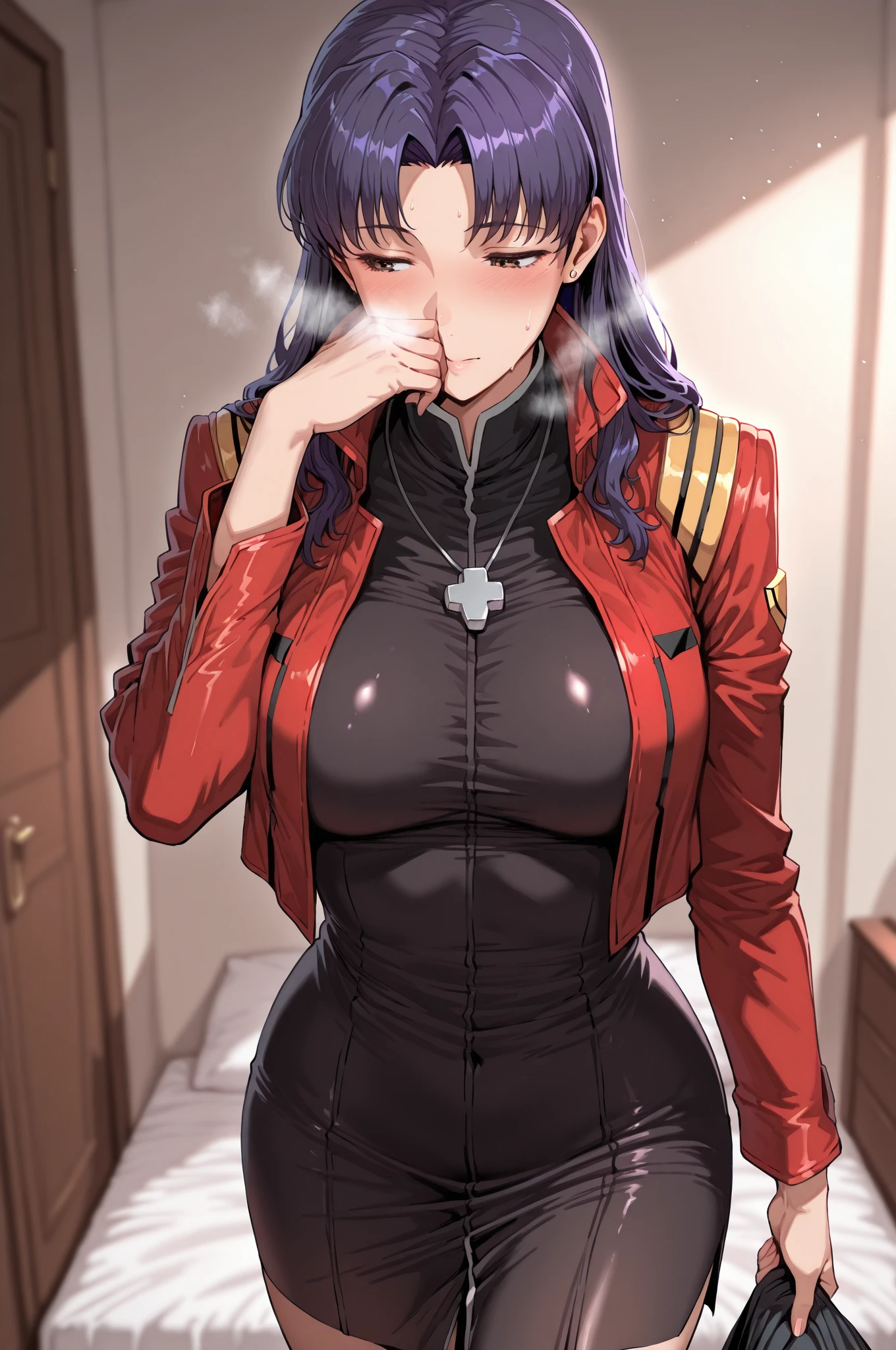 1womanl, attire: Black Bodycon,middlebreast、 short black tight dress, Eyes are brown, Purple hair, Medium Hair, make up, cross necklace, tall, Slim body, Misato katsuragi (nffsw), (((Misato katsuragi))), Indoors, livingroom, (((Front view))), Looking at Viewer, lovely thighs, Perfectly detailed face, fully detailed hands and fingers, Masterpiece 1.1, Intricately detailed, ultra graphics, SFW version, (((Mature 1.1))), attire: jacker, Red jacket, red bullet hat、Symmetrical face、