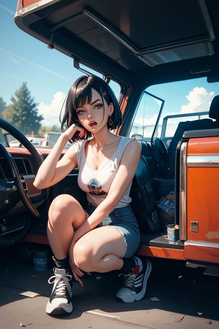 vintage manga sci-fi 80's. A beautiful teen emma watson sitting inside her futuristic car. freckles, sparkly blue eyes. tight sparkly intricate red sparkly bikini, texturized. background palm trees.