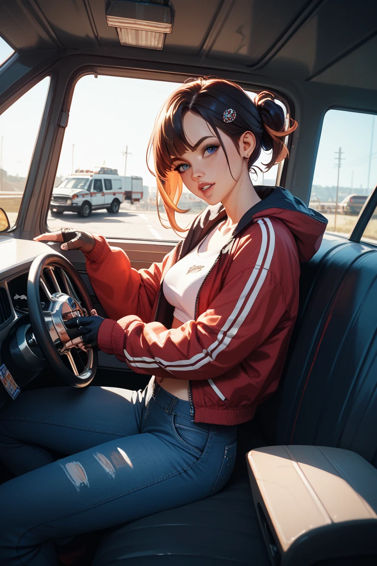 Young woman sitting in a red car,The sedan sped on the road,The windows are open,The woman looked ahead,The lens is on the side of its face/realisticlying/Under the sunlight,Women dress sexy