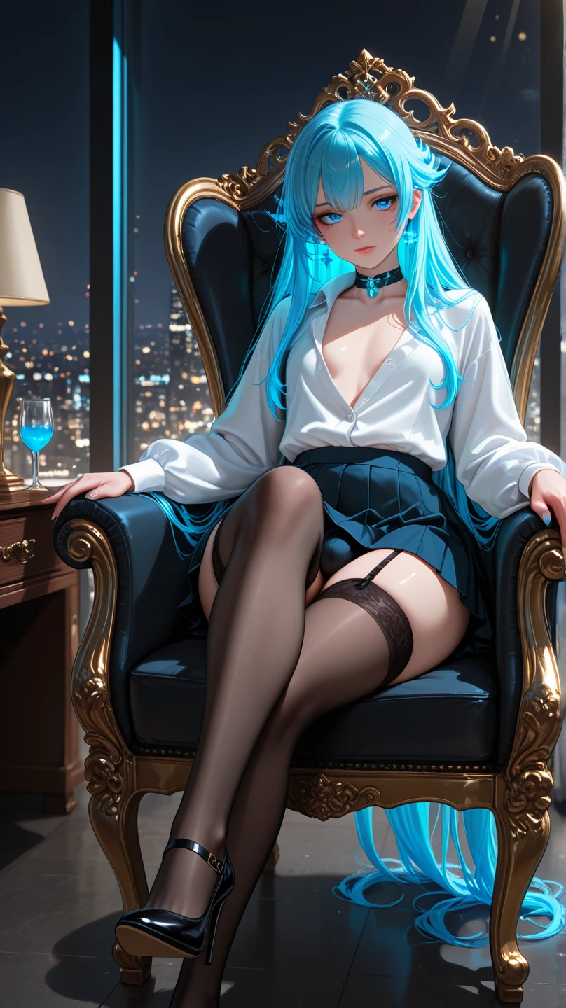 <lora:zodiac style v1:0.8>, <lora:TakamineAyako:0.8>,solo,blue hair, High ponytail,leg lock,shushing,black business_suit,