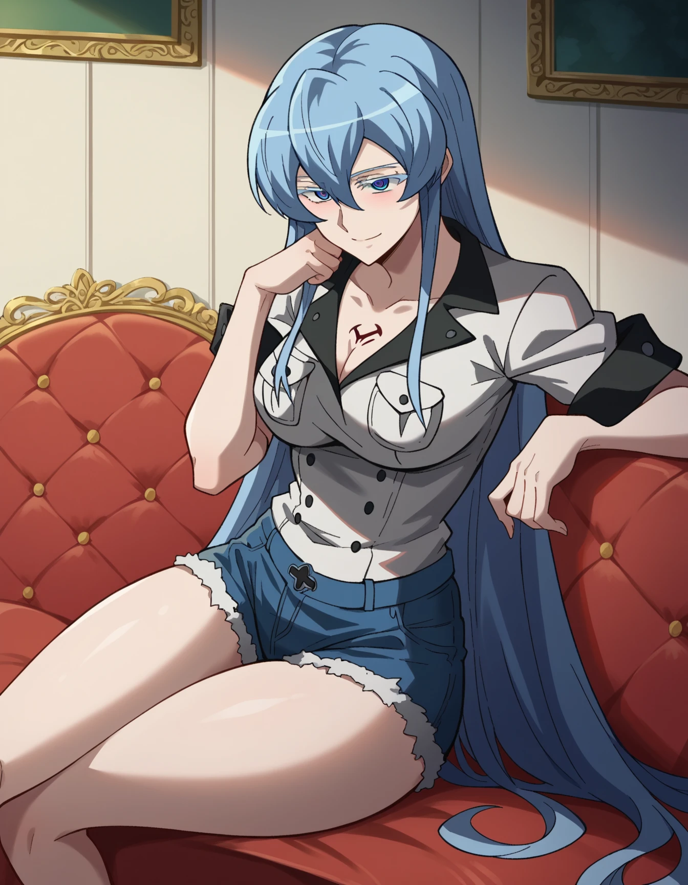 score_9, score_8_up, score_7_up, 1girl, solo, (mature:1.5),female focus, rimuru tempest, long hair, hair between eyes, blue hair, yellow eyes, breasts, sitting on throne, white dress, one shoulder dress, parted dress, bare legs, crossed legs, evil smile, evil eyes, evil glare, looking at you, inside a castle,
