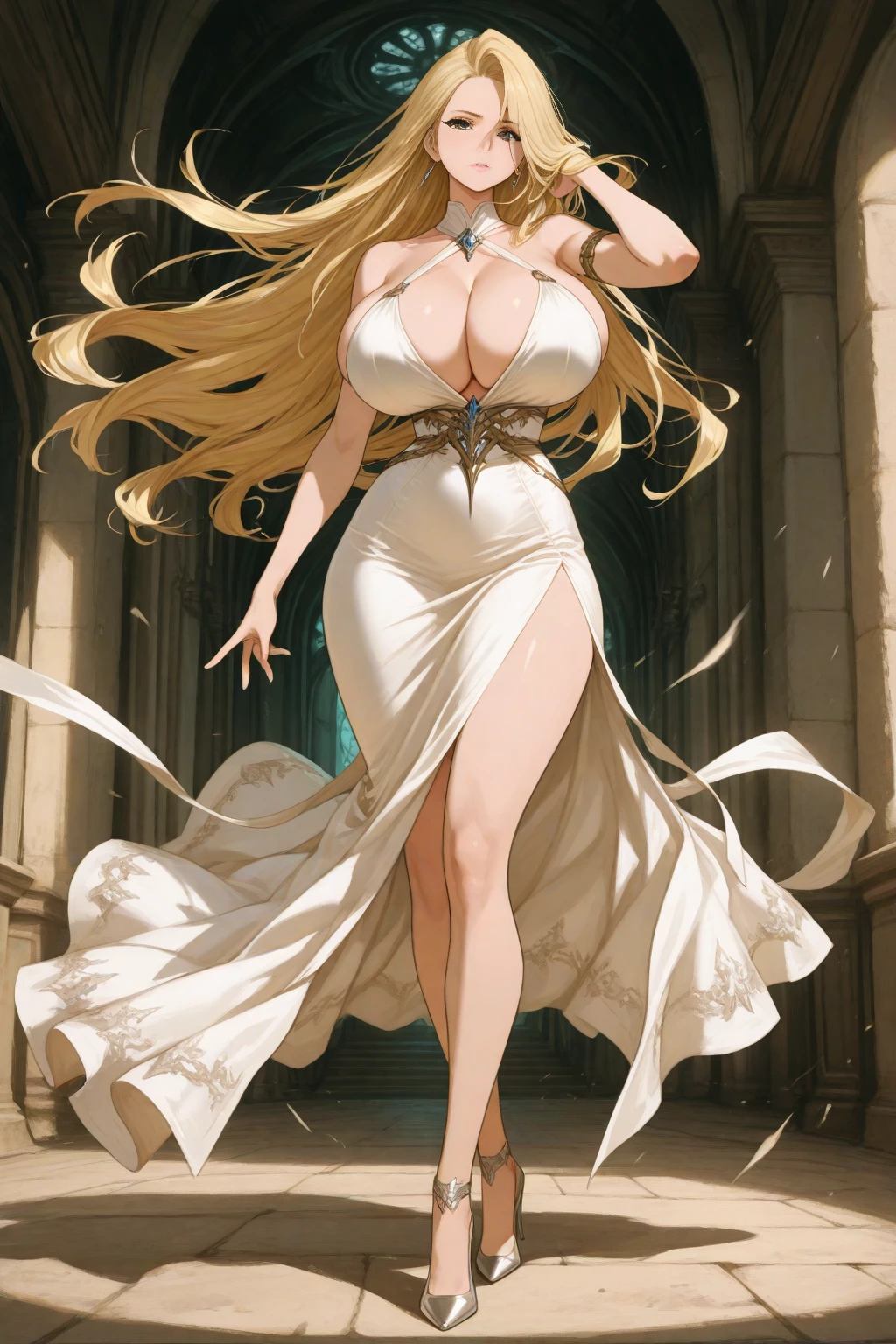 Blond adult woman with huge breasts,cleavage,slim figure,greek clothing,Bare arms,Long skirt,Bare Legs,slippers,Standing,white palace
