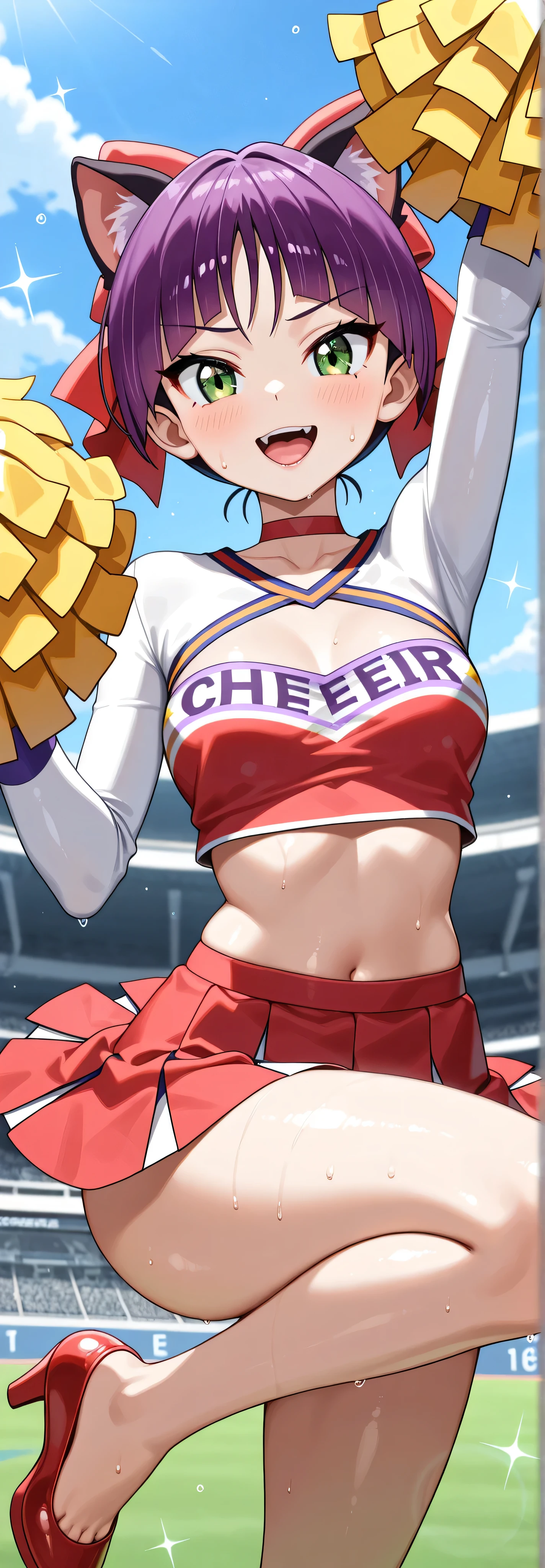 (masterpiece,top quality,Ultra High Resolution),1 Japanese woman, (((Very Beautiful Old Lady ))), cute girl、WATCH THE PHOTOGRAPHER、 (()), very cute face, Shiny Lips, double eyelids on both eyes ,natural smile、 natural makeup, long eyelashes, 、, Perfect hands and feet, perfect anatomy,((( Sparkling Cheering Uniform ,Cheerleader,Cheerleader,Tube Top))))Stadium,((Cat girl,GeGeGe no Kitaro))the appeal of a sweaty,(((Tube Top)))((((please open your mouth,))))red choker、white shirt、jewelry、gem、brooch、long sleeve、red dress、apron dress、short dress、Barefoot、Red Shoes、high heels for everyone