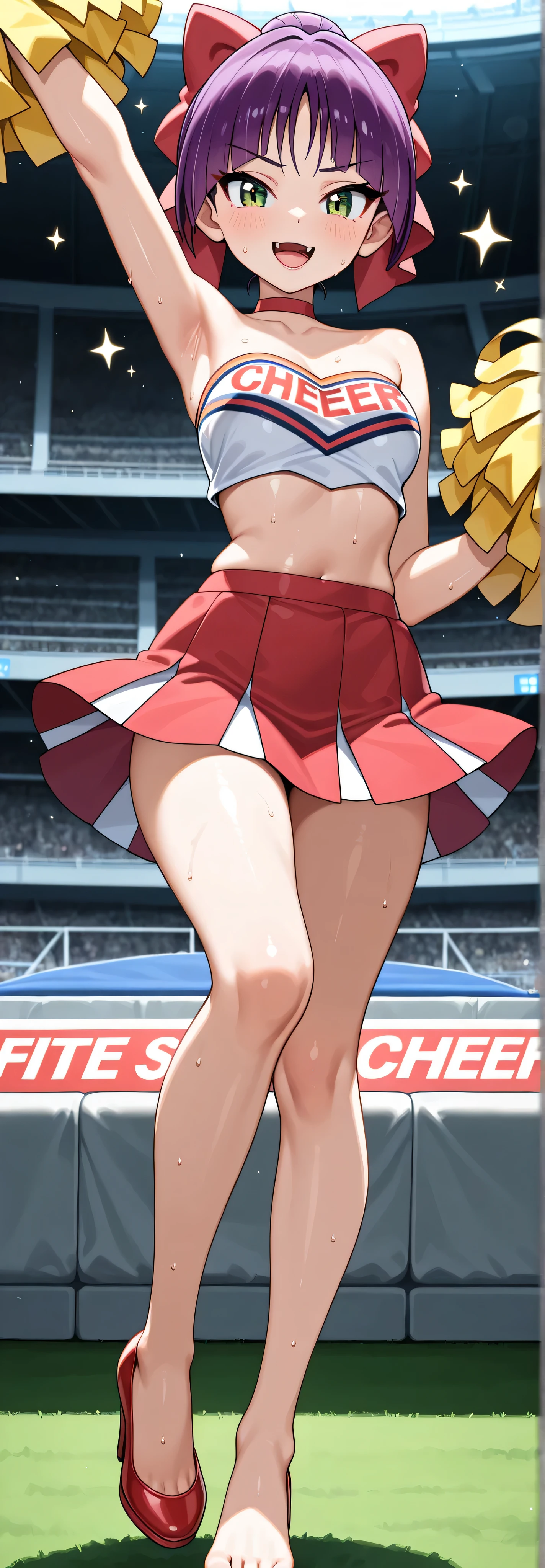 (((Pixel Perfect, Perfect detail))), (1 girl, alone), Chisato Nishikigi, short hair, bangs, Blonde, (Red eyes:1.5), Hair Ribbon, One side up, Bobcut, belly button, Exposing shoulders, Thighs, Cheerleader, I&#39;m rooting for you, Large Breasts, (Between the breasts:1.3), (Showing panties:1.3), smile, whole body