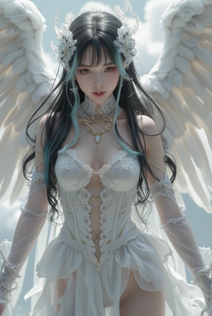 Lolita,big_chest,Long silver hair ,White dress, Wings with feathers