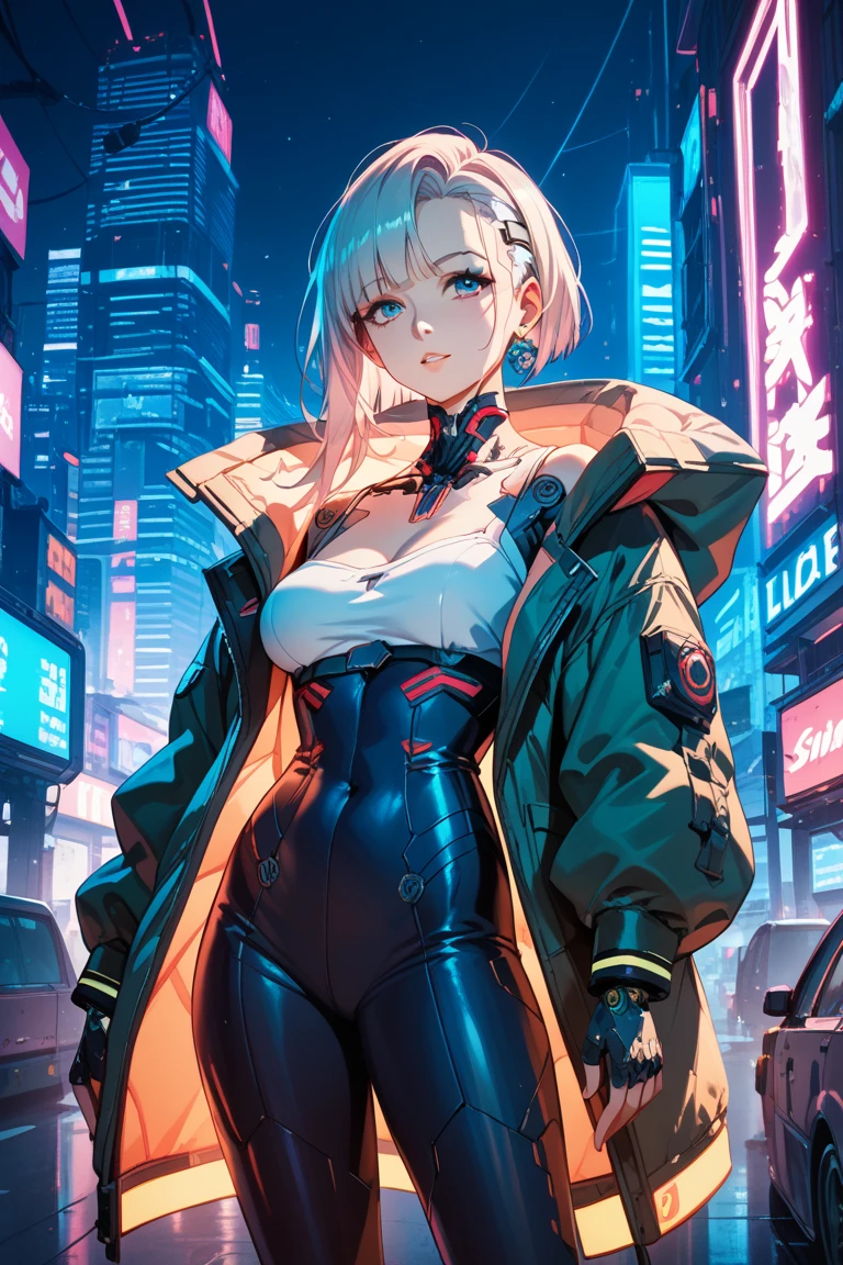 <lora:terasu_mc:0.8>, terasu mc, masterpiece, best quality, 1girl, solo, breasts, jacket, multicolored hair, looking at viewer, bodysuit, red eyeliner, moon, hip vent, bangs, bare shoulders, short hair, off-shoulder jacket, cyberpunk, science fiction, building, medium breasts, off shoulder, night, white hair, leotard, parted bangs, long sleeves, holding, open clothes, cityscape,best quality, masterpiece, highly detailed, ultra-detailed