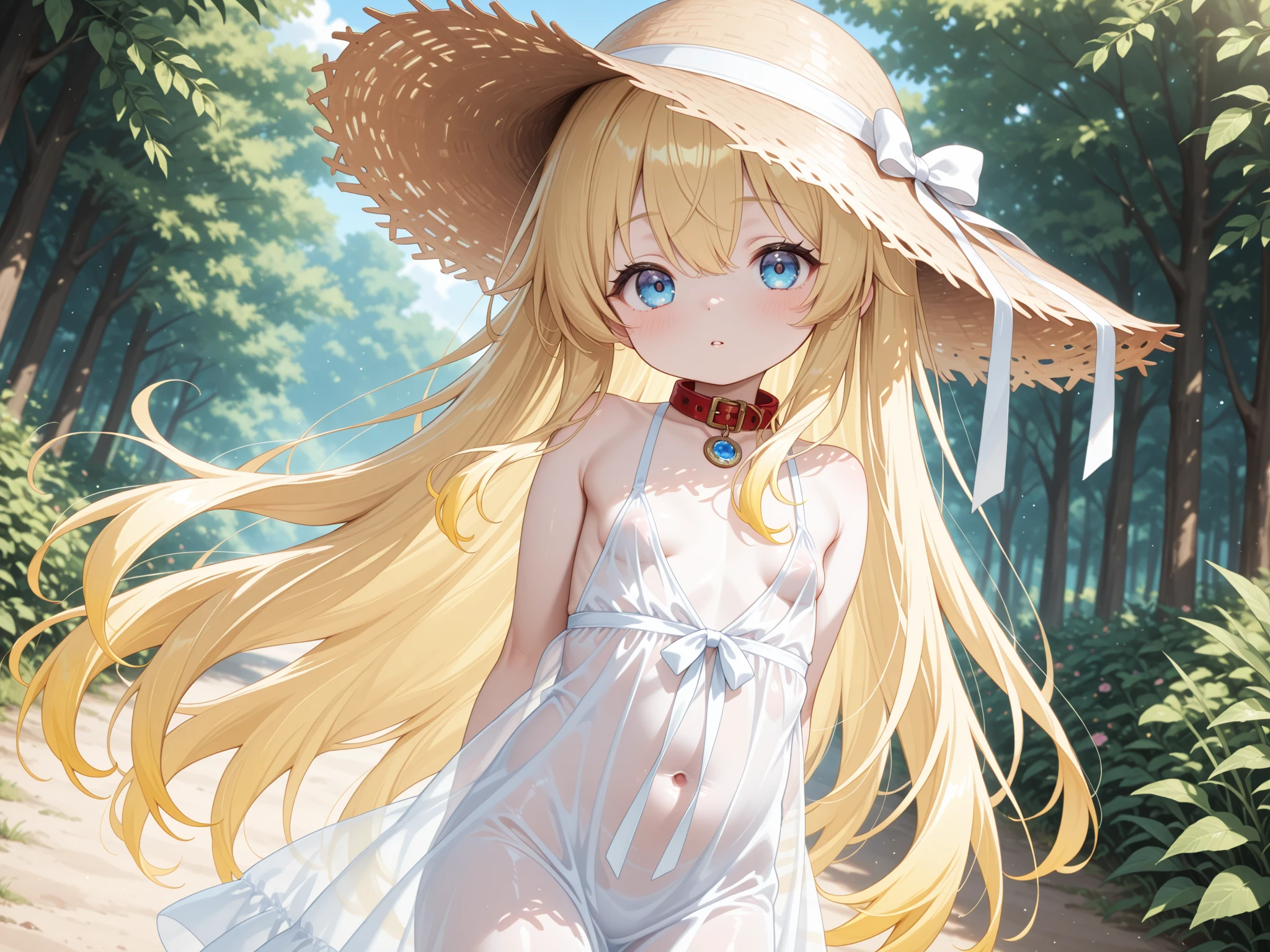 1girl, long hair, breasts, looking at viewer, smile, open mouth, blue eyes, blonde hair, hat, dress, flower, outdoors, teeth, sleeveless, armpits, white dress, tree, rose, white headwear, white flower, sun hat, hat flower, on head, sundress, masterpiece, best quality, highly detailed