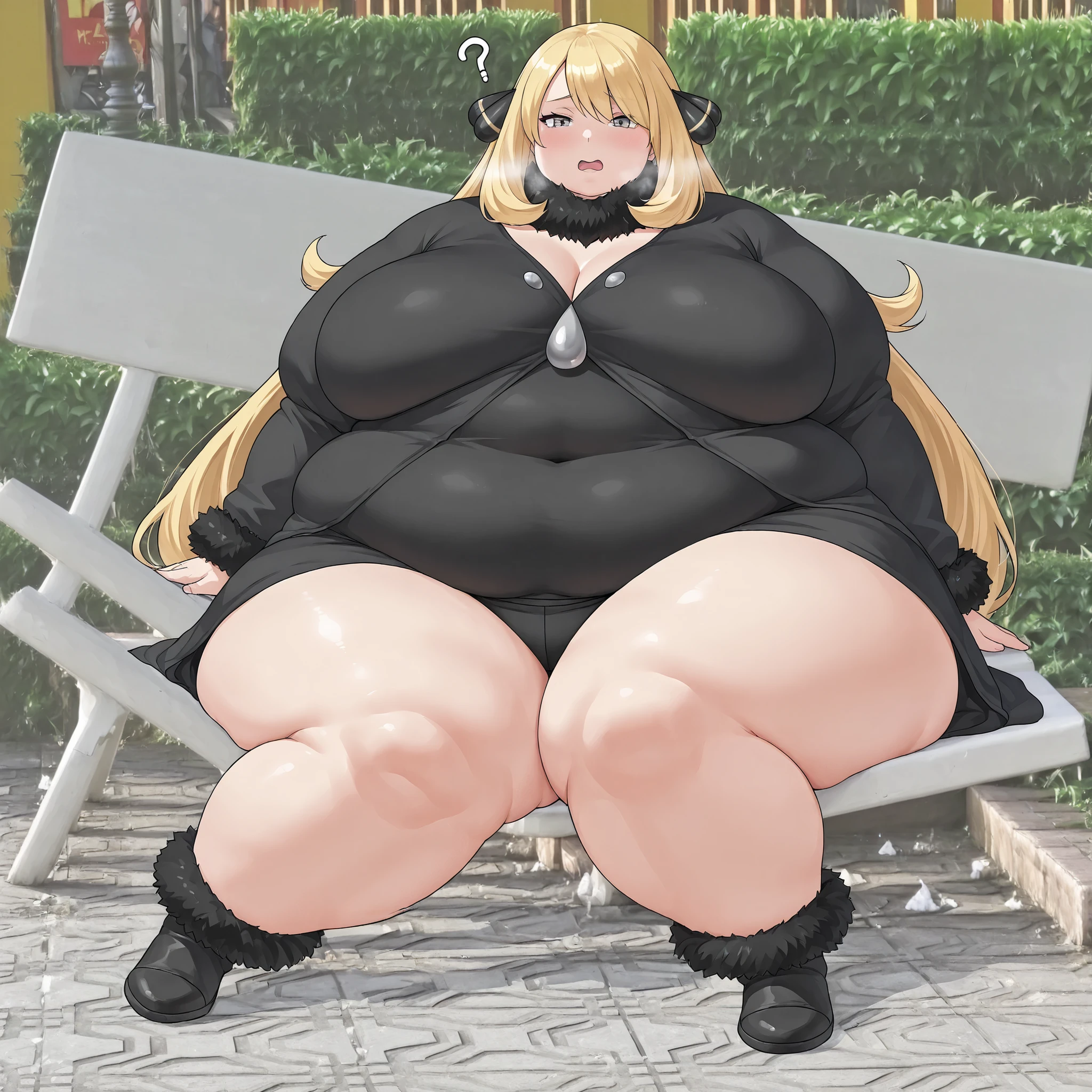 fat, large belly, big belly, very fat, large stomach, chubby (best quality, masterpiece), fat belly, Misa amane, Misa death note, sitting, fat, blonde hair