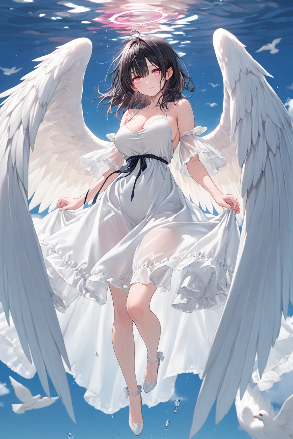 (1 seraphim girl standing on peak of frozen snowy mountain) higher than overcast, blowing frozen wind, (solo), swinging back, multiple wings, (she has 12 wings on her back), (6 white wings:1.5) and (6 black wings:1.5), BREAK, (wearing nothing without a lace trimmed sheer short black chemise:1.4), (black plunging neckline), too short black skirt flapping by wind, stiletto heels, BREAK, (black short hair:1.3), sidelocks, black eyes, (bouncing large breasts), cleavage, inconceivably narrow waist, bared skinny arms, bared skinny long legs, thigh gap, tiptoe, BREAK, baby face, nose blush, smile for viewer, open mouth, orgasm, BREAK, full body, (extremely detailed CG unity 8k wallpaper), (beautiful detailed), (ultra high resolution), (masterpiece:1.2), (best quality), (beautiful illustration)