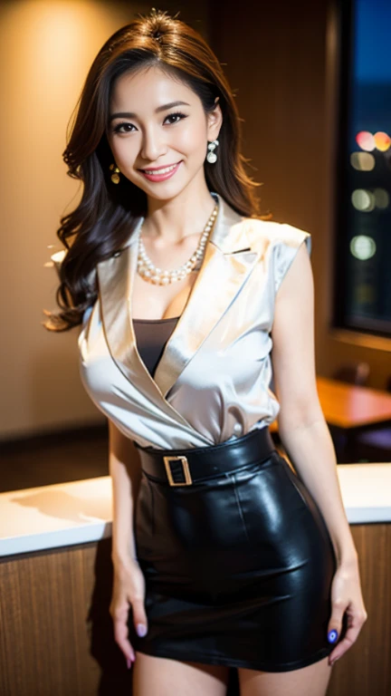 (Best Quality, hight resolution, Hires, Skin definition, Detailed skin, Detailed eyes, Detailed face, 4K, 日本人A MILF, (独奏で), (((50 years old))), (Wrinkles at the corners of the eyes:1.5), (nasolabial folds), (((Very large breasts))), A MILF, glamor, A sexy, Chromo-white skin, Wavy Longhair, Looking at Viewer,(((my skin is old))), ((muscles are old)), Slender model, ((Japanese Models)), 4K, 8K, (photoRealistic:1.5), Realistic, nffsw, Beautiful, Bimbo, Perfect makeup, small diamond necklace, piercings, ((Blue leather jacket,tight skirts,undershirt, Black pantyhose, ミニチュアtight skirts, high-heels, )), (Huge breasts:1.25), huge tit, cleavage,  (((Saggy buttocks))), an hourglass figure, 独奏, ssmile, Public places, sitted, opening legs,