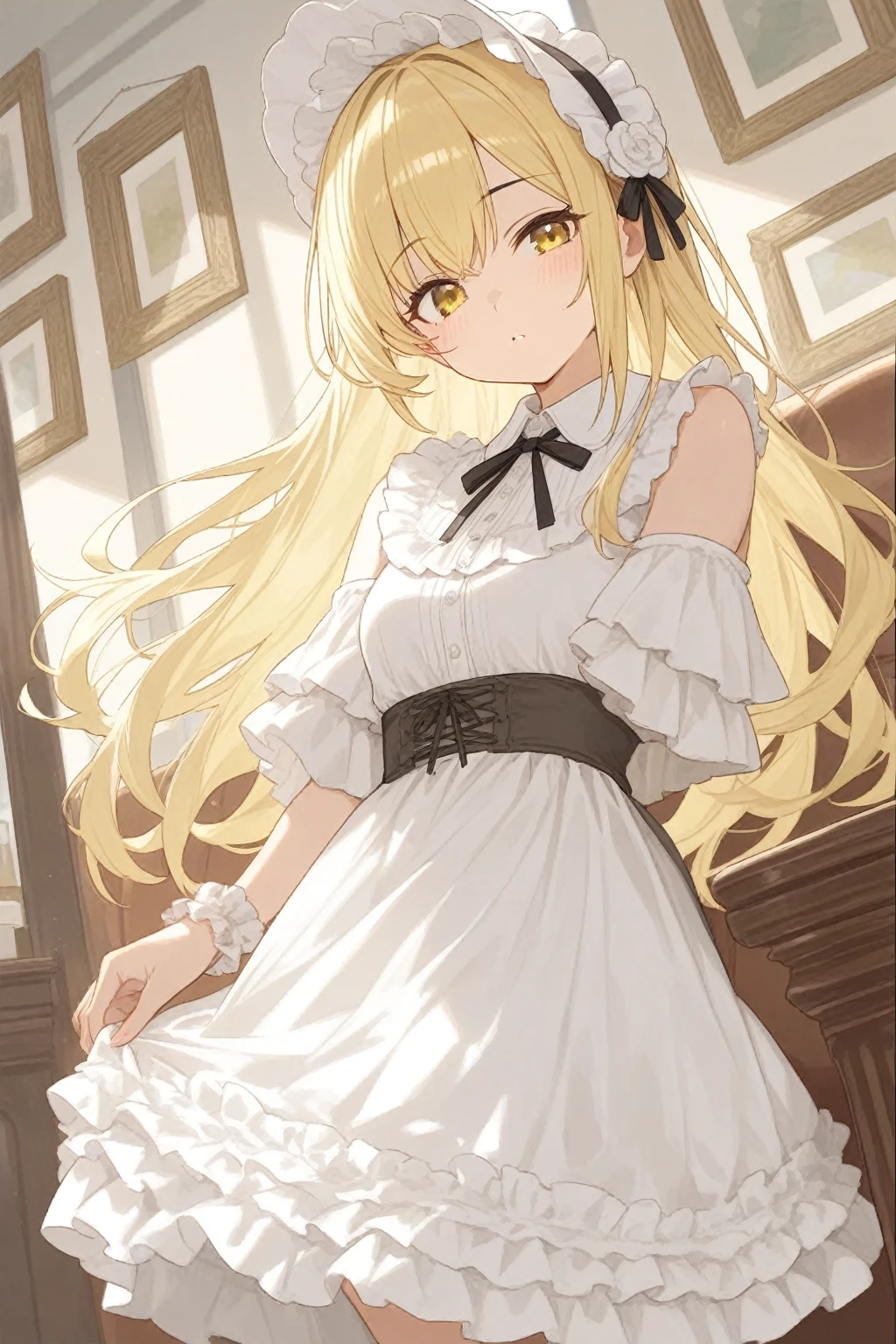 ((WeriArt style)), high-waist skirt, blush, ((golden hair, blonde hair)), (((maid outfit))), (black and white frilled dress), solo 1girl, ((thighhighs)), headwear, headband, frilled skirt, vibrant colors, saturated colors, bright colors, light rays, 8k realistic lighting, skirt, white bow, breasts, red bow, standing, small breasts, [cowboy shot], indoors