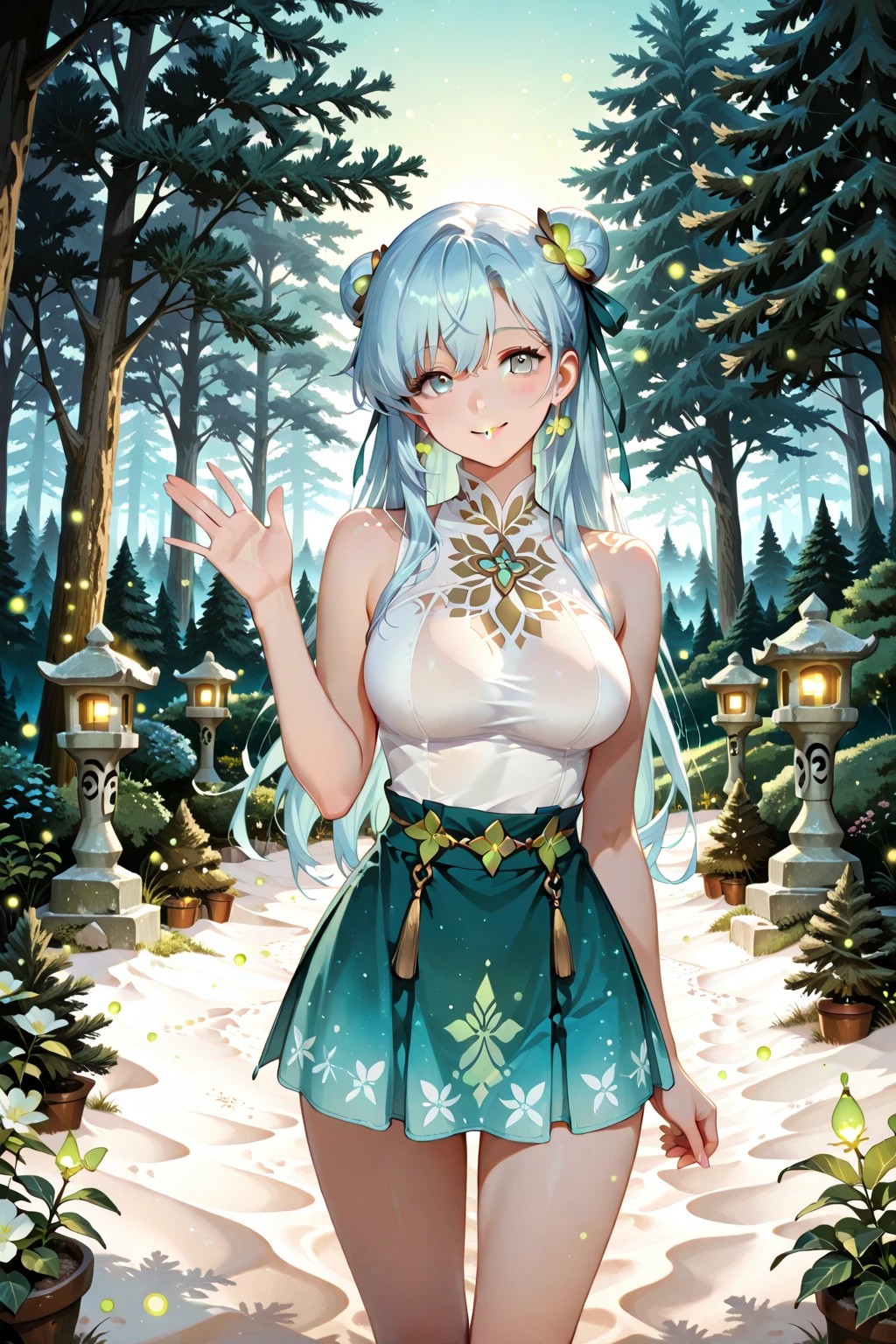 (top-quality)、((ultra-detailliert))、(Super delicate)、Little Goddess Bathing、silber hair、Crims、Small area sheer white lace cheongsam、Shoulders exposed、Large breasts、Cleavage emphasis、Thigh exposure、Springs in the forest、Wet and see-through、Composition looking up from below、mystical、Deities々Right