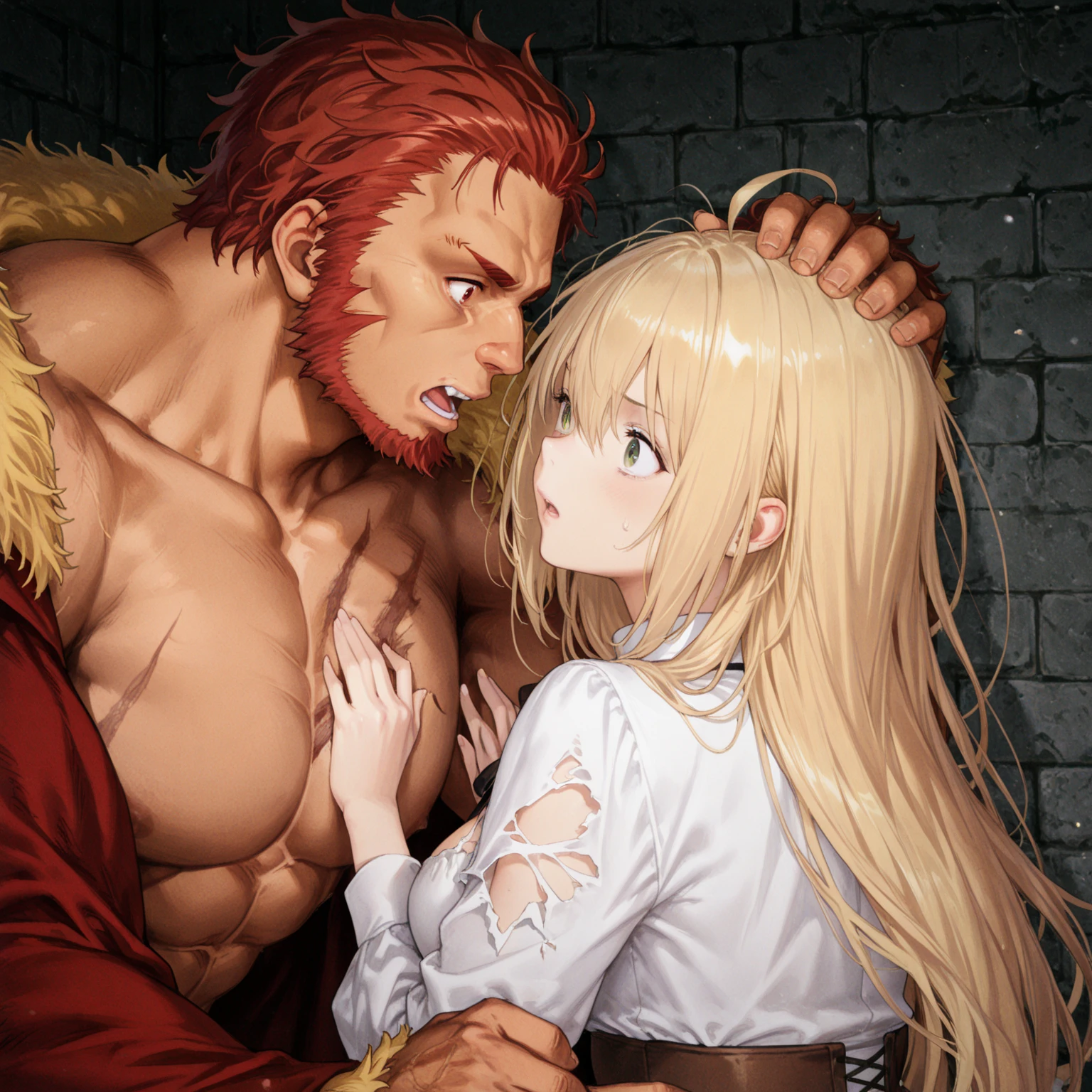 ((Highest quality)), ((masterpiece)), (detailed), （Perfect Face）、The woman is Princess Zelda, blonde with blue eyes and naked、The man is a dignified, middle-aged man of the Gerudo tribe, with a beard, muscular red hair and dark skin, Ganondorf, the king of the Gerudo tribe, and is ?????.、A man and a woman embrace each other and have insemination ??? on the bed in the Gerudo tribe&#39;s luxurious bedroom.
