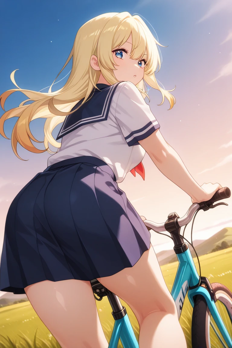 KANZAKIMIKOTO, BLONDE HAIR, ponytail, HAIR INTAKES, parted bangs, long hair, green eyes, mole under eye, 15years old,, large breasts,, Riding a bike through the sky, solo nsfw naked early morning
