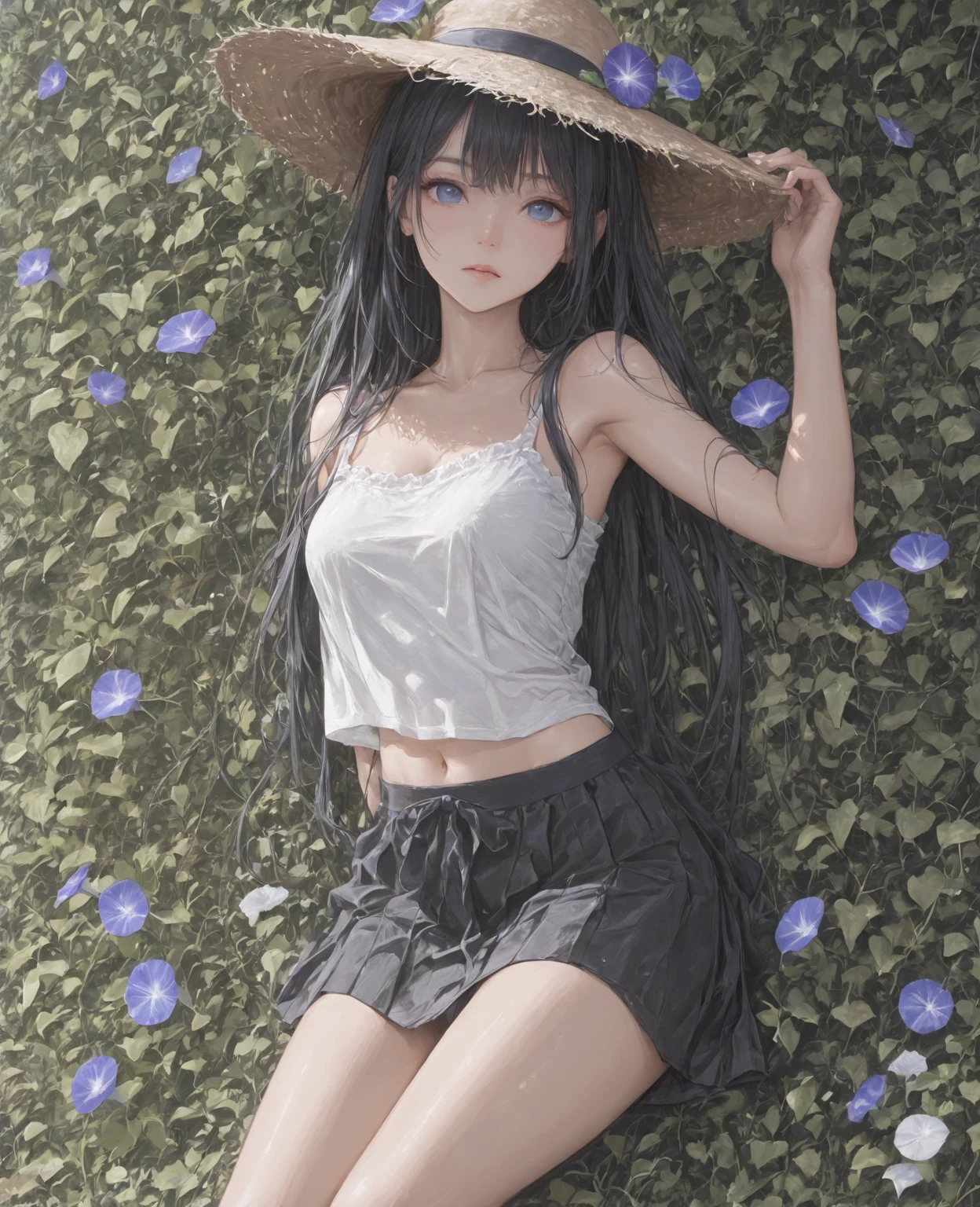 very cute and beautiful girl,(very detailed美しい顔と目:1.2), white camisole,standing under a big tree,cowboy shot,dynamic angle BREAK (smile),Happy,looking at the viewer,(blue pleated mini skirt:1.2),(skirt lift,white panties:1.15), rural area,grassland,top of the hill,wooden fence,detailed landscape,black hair,twin blade, (highest quality,masterpiece:1.2),disorganized,High resolution,super detailed,very detailed,32K,8K resolution, intricate details,movie-like scene,detailed background,alone,dynamic angle,