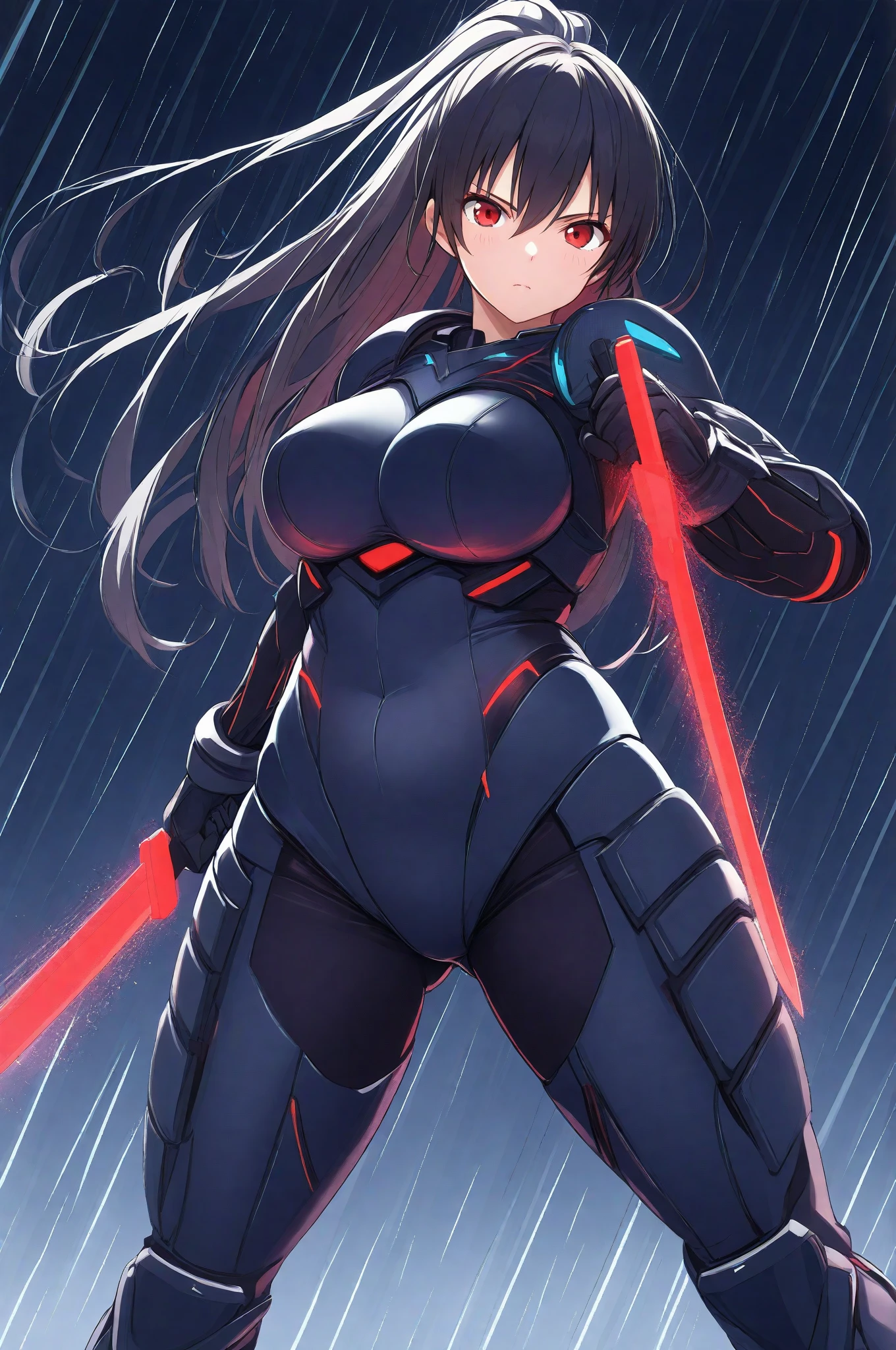 very beautiful young female twin in futuristic jumpsuit with a revolver in each hands in shooting position
