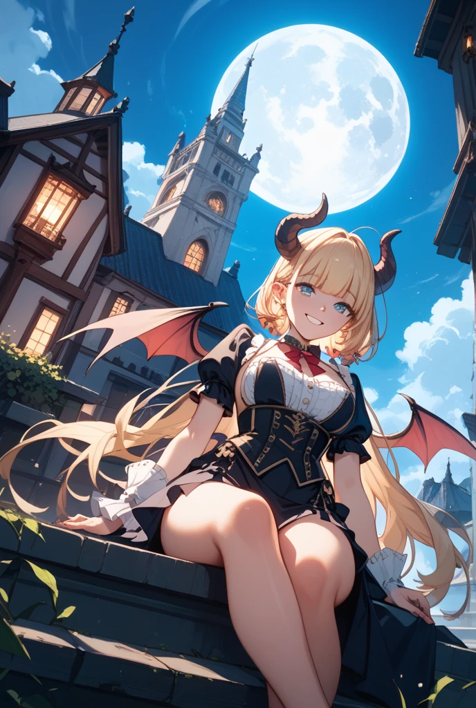 ((Masterpiece, highest quality, 8K))), high-definition background, bright and beautiful atmosphere, score_9, score_8_up, score_7_up, source_anime, masterpiece, highest quality, high resolution, absurdity, aerial photography, flying, one girl, Solo, medium breasts, ahoge, various hair colors, puffy hair, side locks, (heterochromia), very flashy dress (belly button visible), bare shoulders, vampire, smile, open mouth, fangs, garter strap, Skin dent, bat wings, outdoor, night, moon, castle, cowboy shot, various angles,