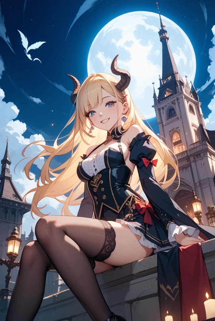 best quality, masterpiece, 1girl, <lora:Beth:0.75>, bbeth, demon horns, flaming eye, collar, black bikini, open jacket, short shorts, armored boots, curled up, hands on side, garden landscape, sunset